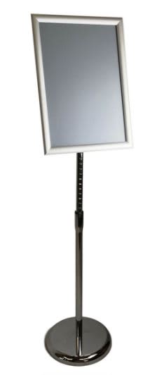 A silver and chrome menu stand with an adjustable frame, designed to hold promotional materials. Poster / Menu Holder/ Menu Stand - Image 1