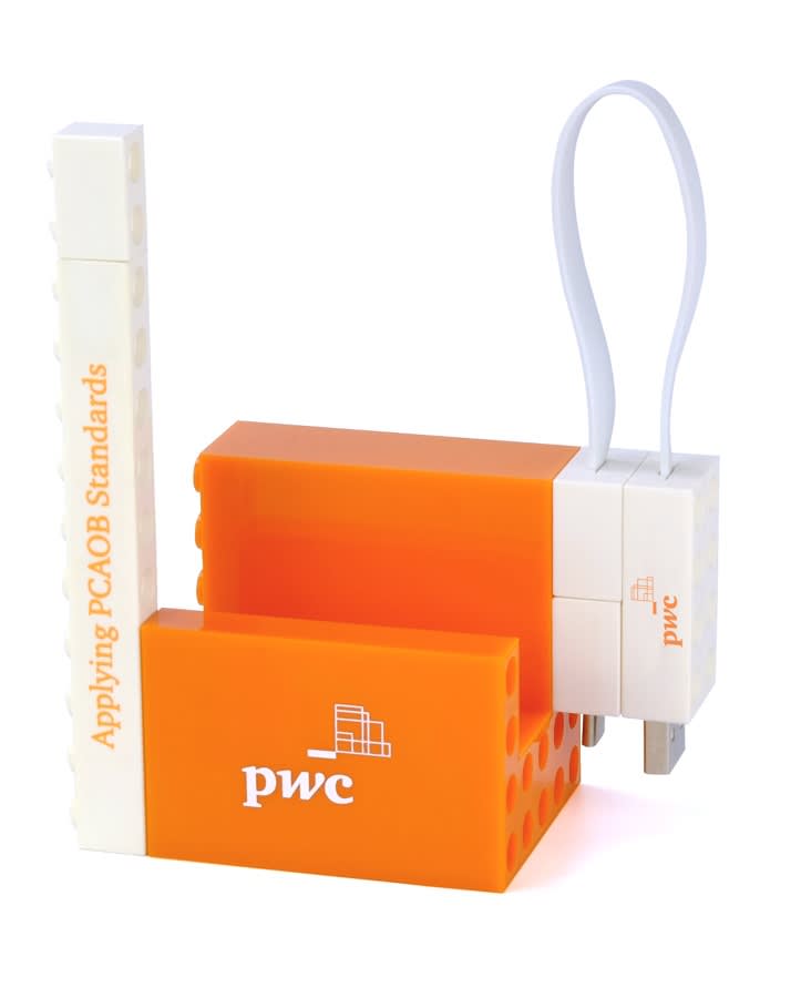 An orange and white phone stand set with a logo and a connected charging cable. Mini Phone Stand Set - Image 1