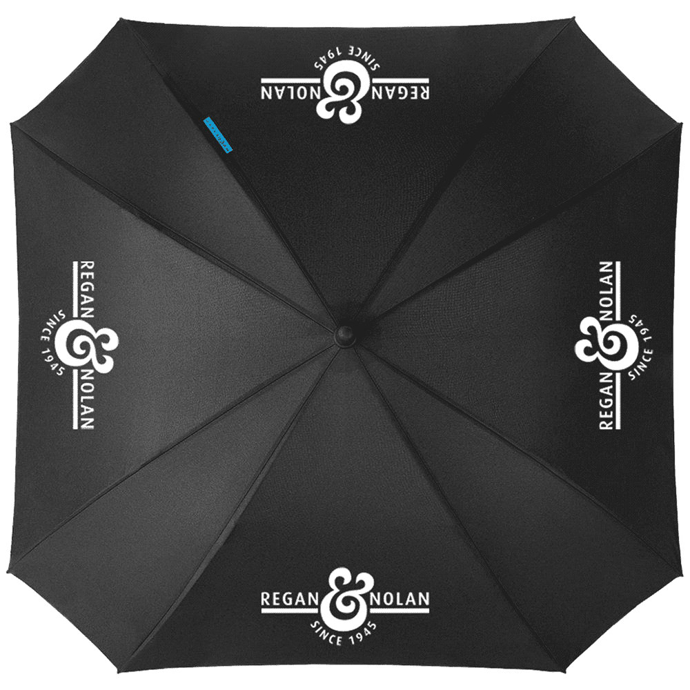 A black automatic umbrella with a sleek design and a logo on its canopy. Ideal for leisure and outdoor use. Marksman 23" Square Automatic Umbrella - Image 1