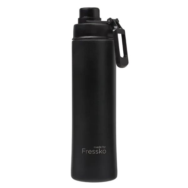 A drink bottle in matte black stainless steel, featuring a screw top and a carry handle. It includes branding on the body. Move 660ml Stainless Steel Bottle - Image 1
