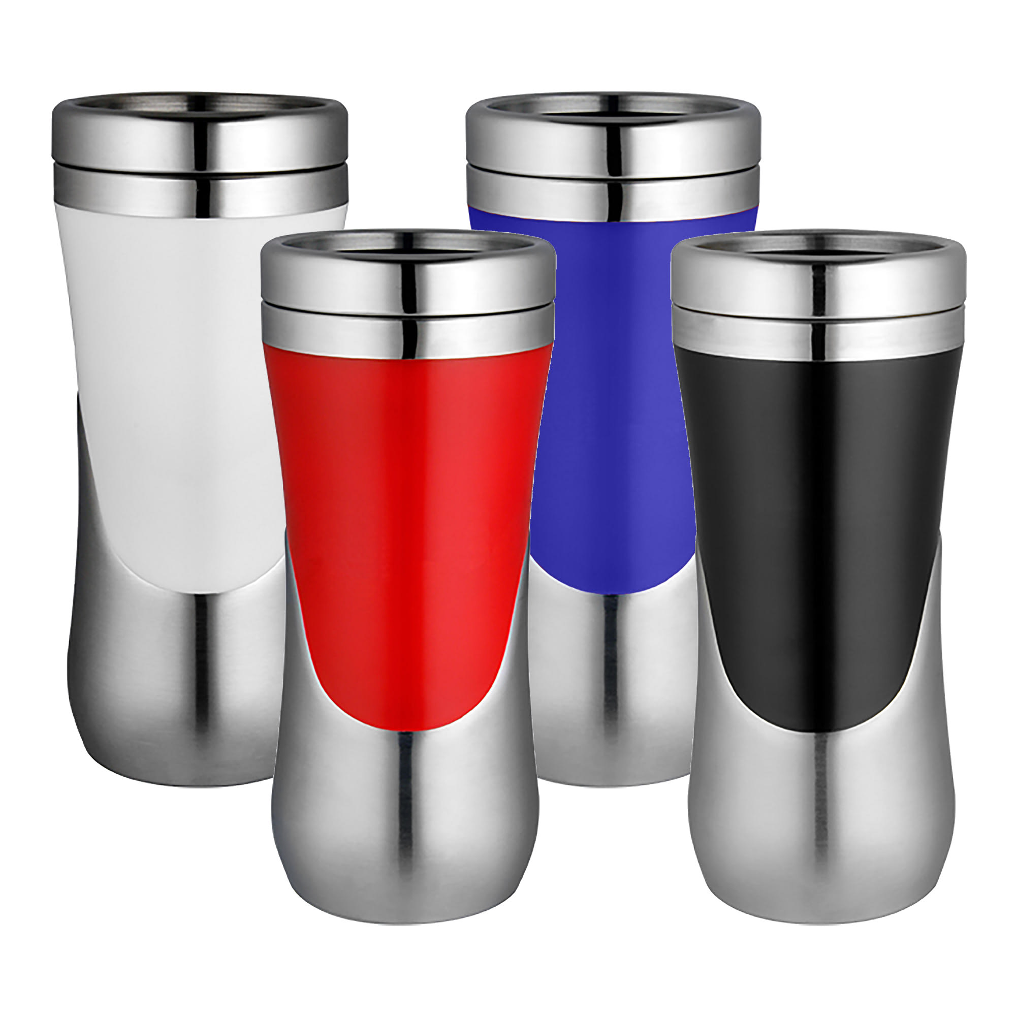 A drink bottle set featuring four travel mugs in white, red, blue, and black with stainless steel bases and a logo. Eiger Mug - Image 1