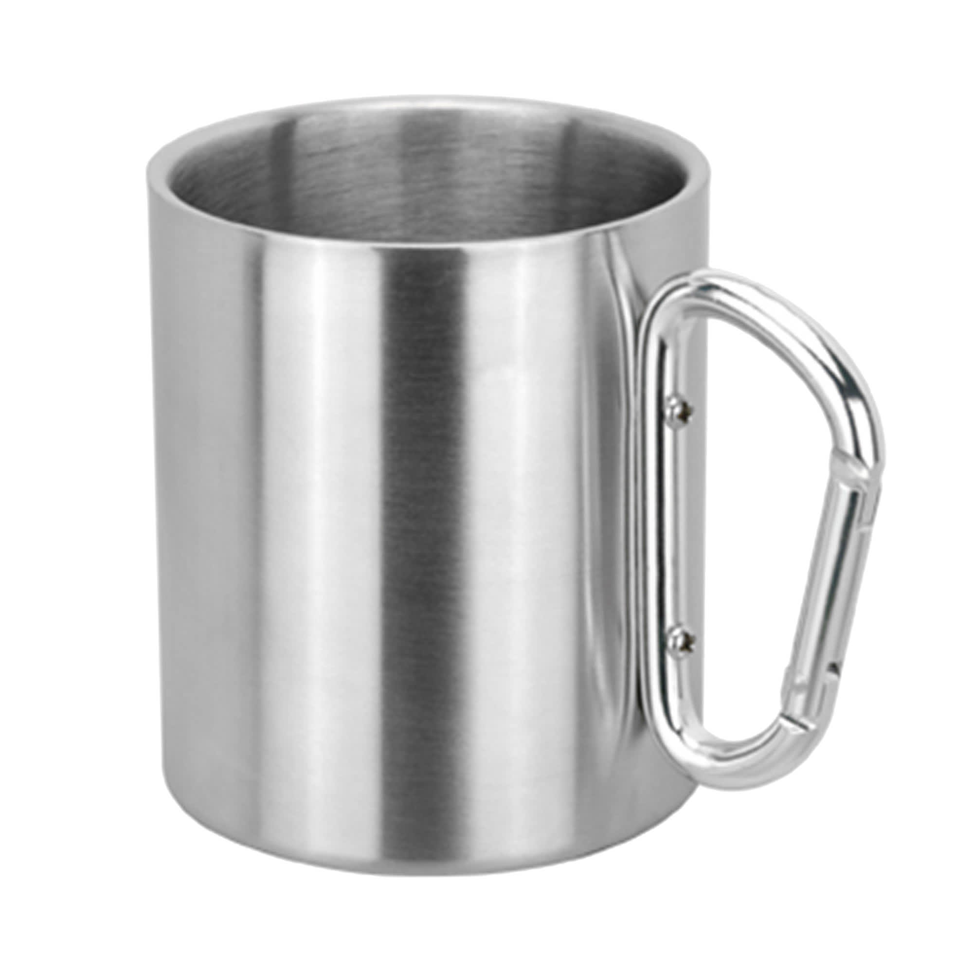 A stainless steel coffee mug with a silver carabiner-style handle and a polished finish. Bravo Mug - Image 1