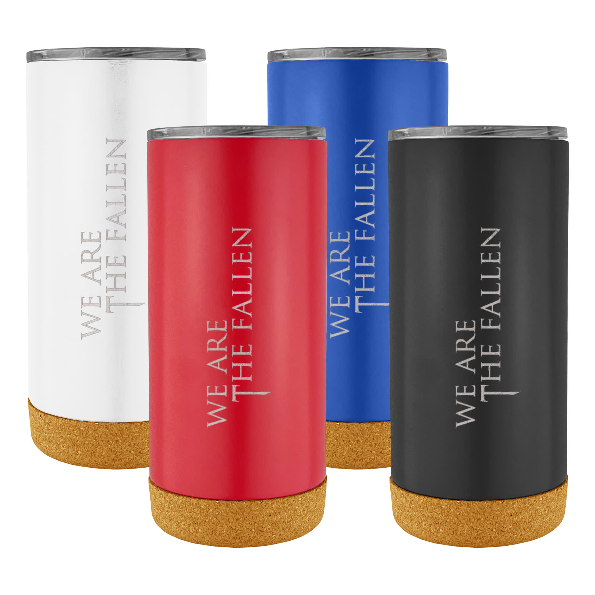 A set of four Cambridge mugs in white, red, blue, and black with cork bases and branding on the surface. Cambridge Mug - Image 1