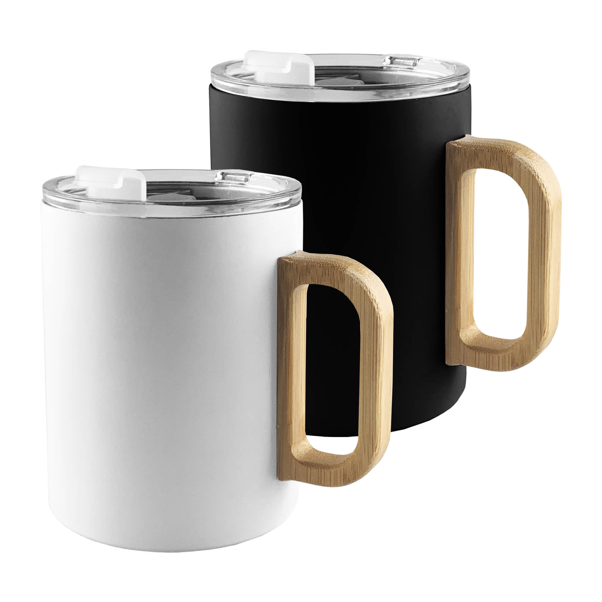 A set of two mugs in matte black and white finishes, featuring bamboo handles and clear lids. Andaz Mug - Image 1