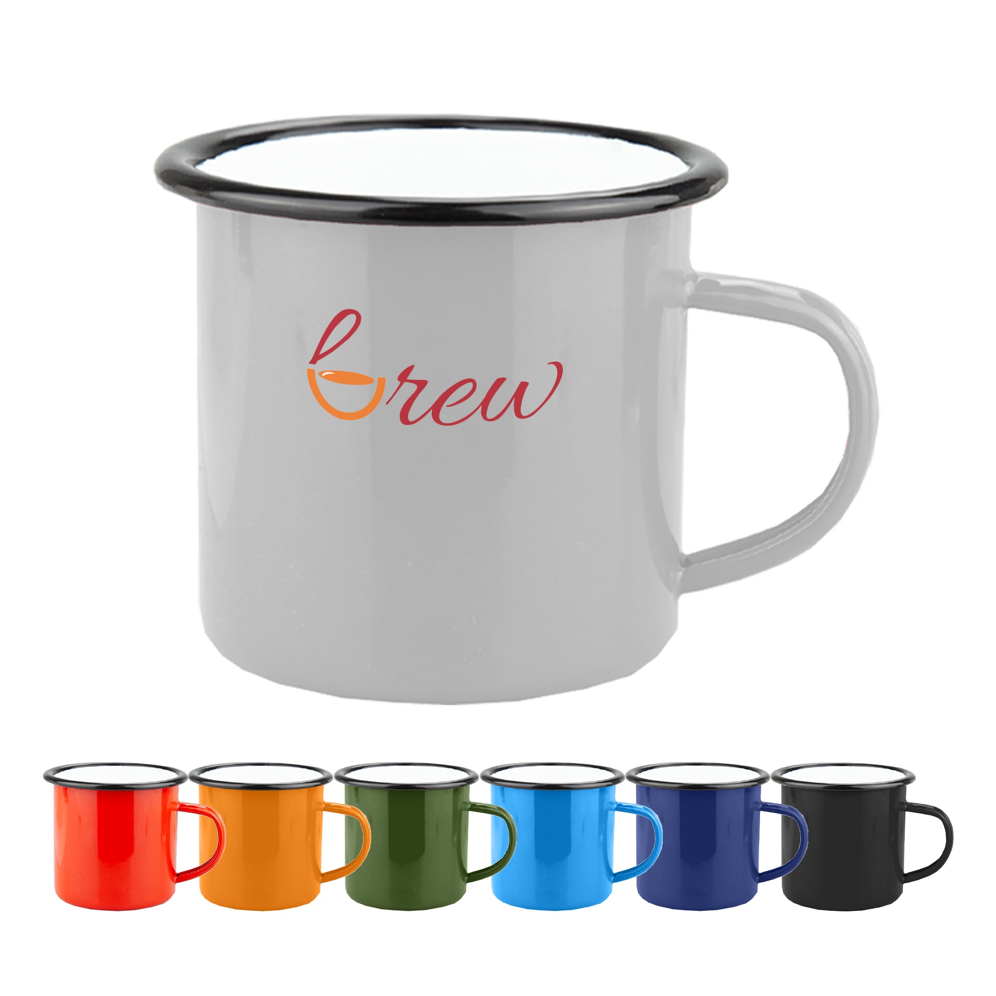 A grey enamel camper mug with a black rim and a logo. Available in multiple colours: orange, green, blue, and black. Enamel Camper Mug - Image 1