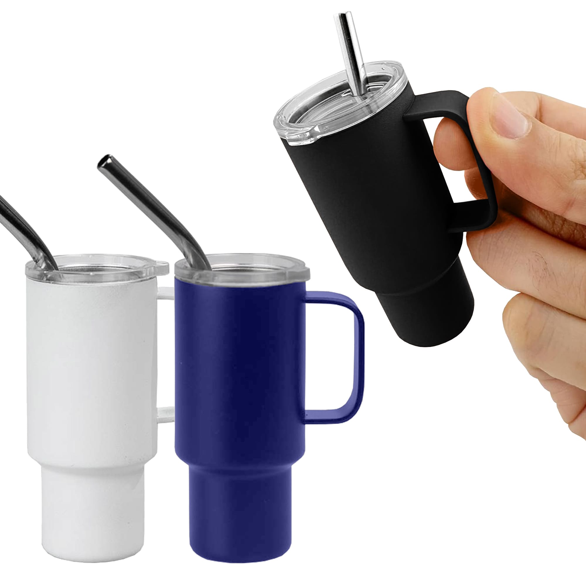 A drink tumbler set featuring three mini insulated cups in black, white, and blue, each with a straw and a handle. Mini Insulated Tumbler 2oz - Image 1