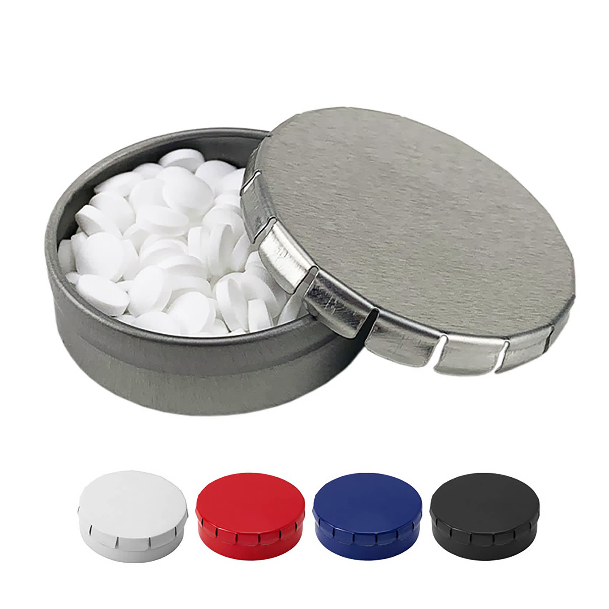 A mint tin with a metallic lid, containing white mints. Available in silver, white, red, blue, and black colours. Click Clac Mint Tin - Image 1