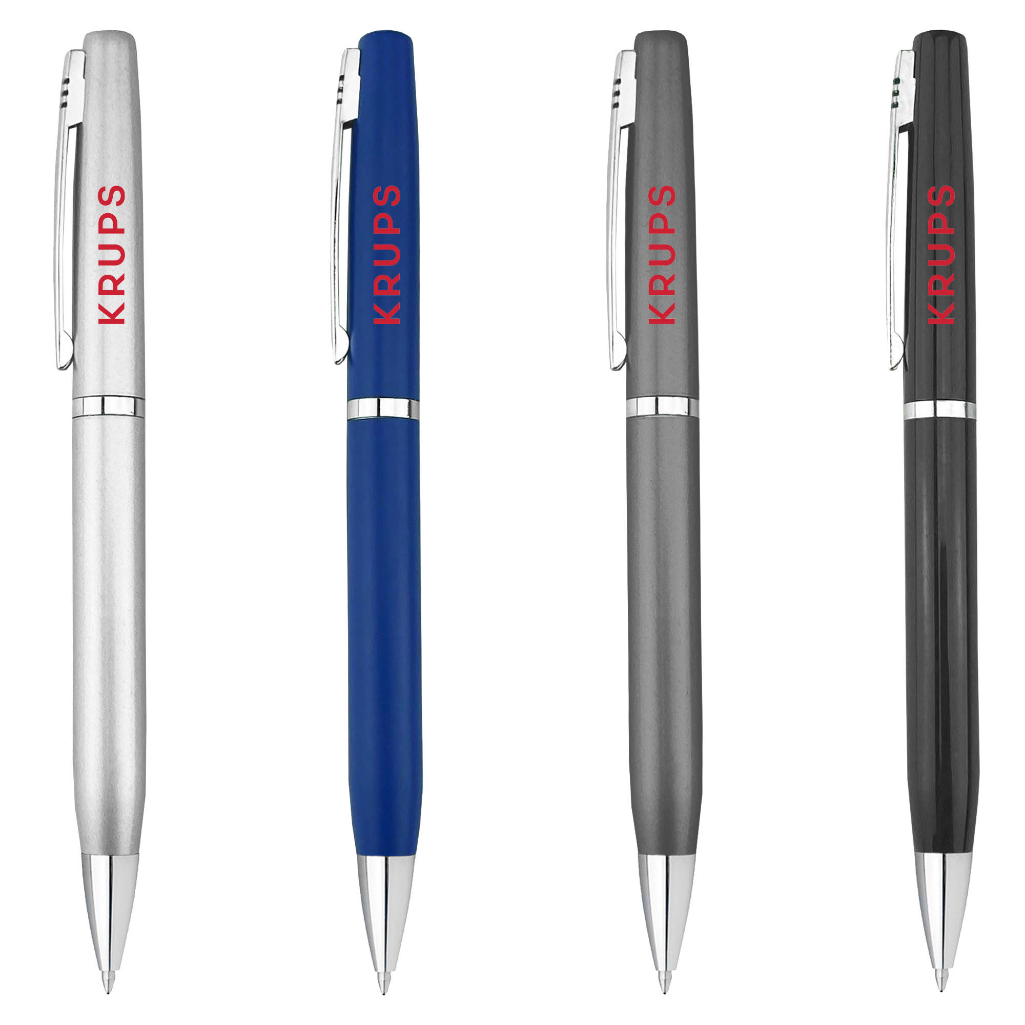 A collection of metal pens in silver, blue, grey, and black, featuring a logo on each pen. Explorer - Image 1