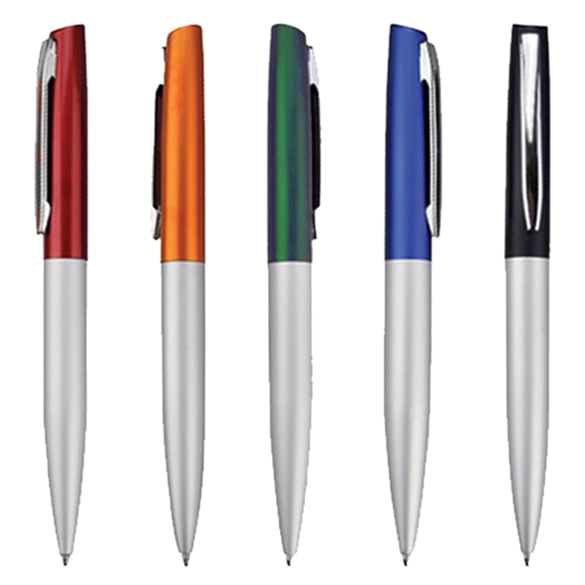 Five metal pens in various colours: red, orange, green, blue, and black, each featuring a silver barrel. Metro7 - Image 1