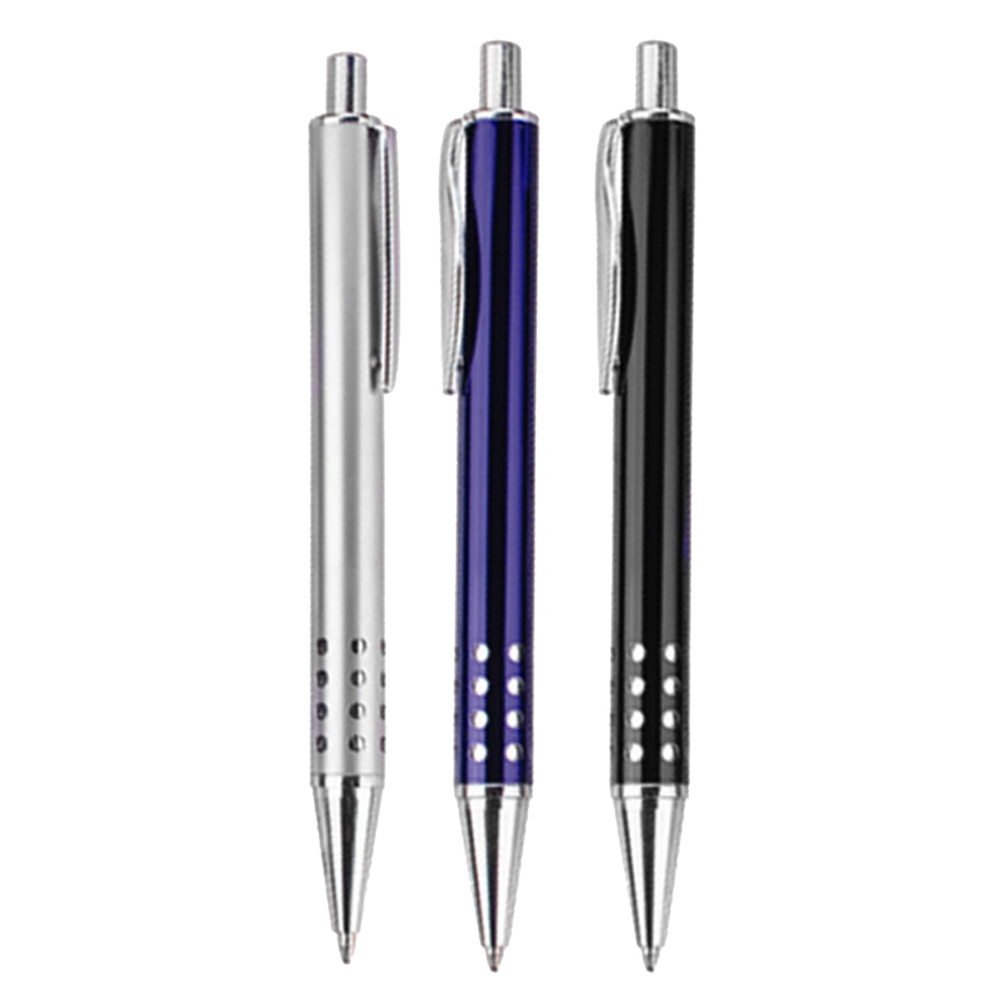 Three metal pens in silver, blue, and black, featuring chrome accents and a logo on each. Pan - Image 1
