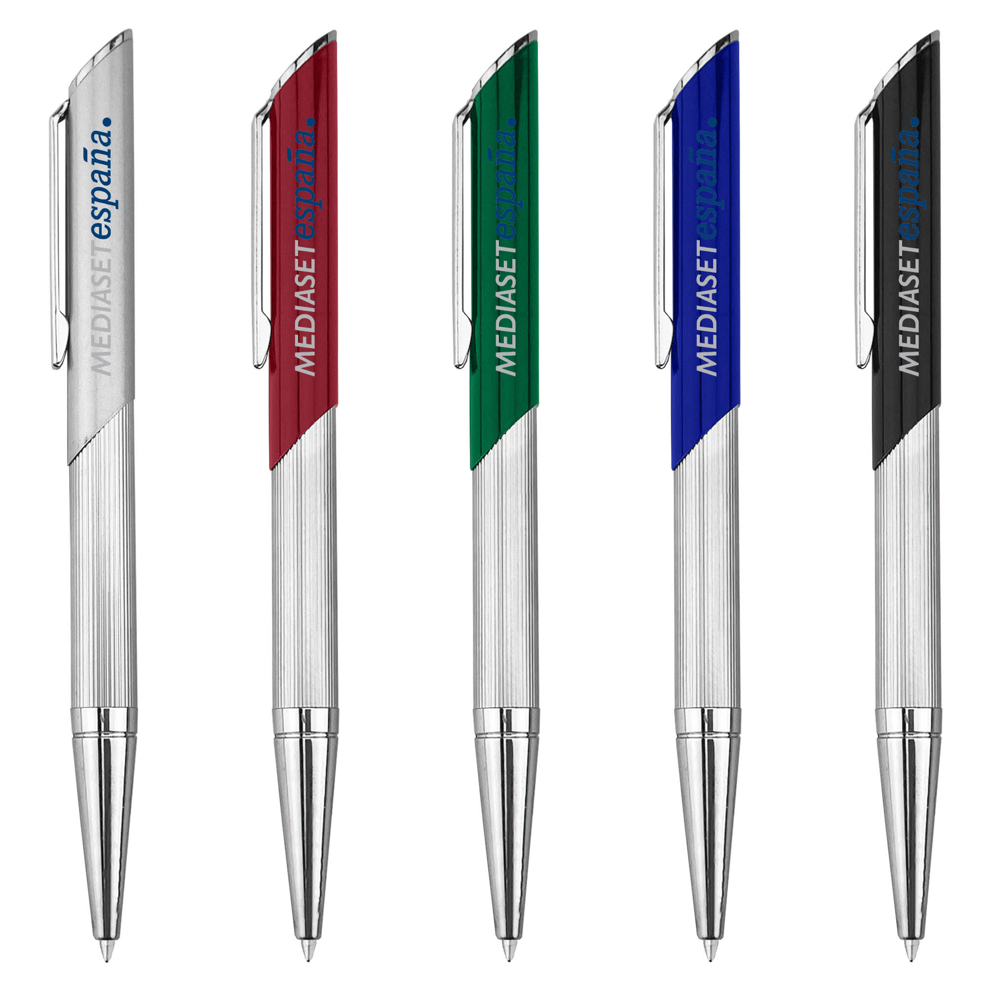 A collection of metal pens in silver, red, green, blue, and black, each featuring a logo. Burnet - Image 1