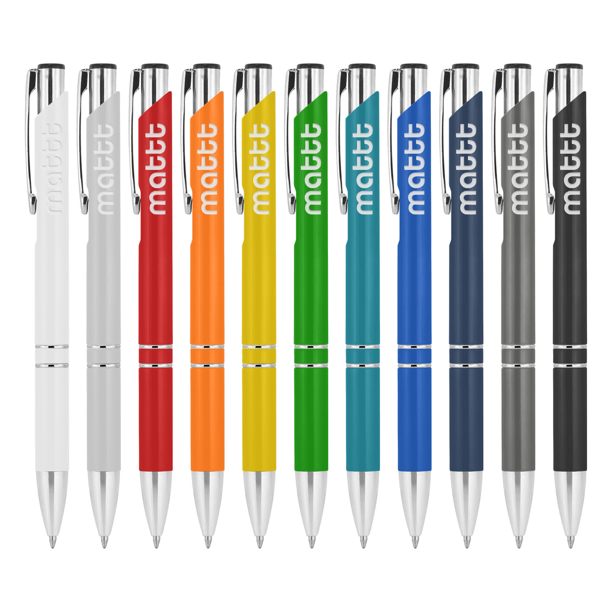 A collection of metal pens in various colours, including white, red, orange, green, blue, and grey, featuring branding. Euroauz Matt - Image 1
