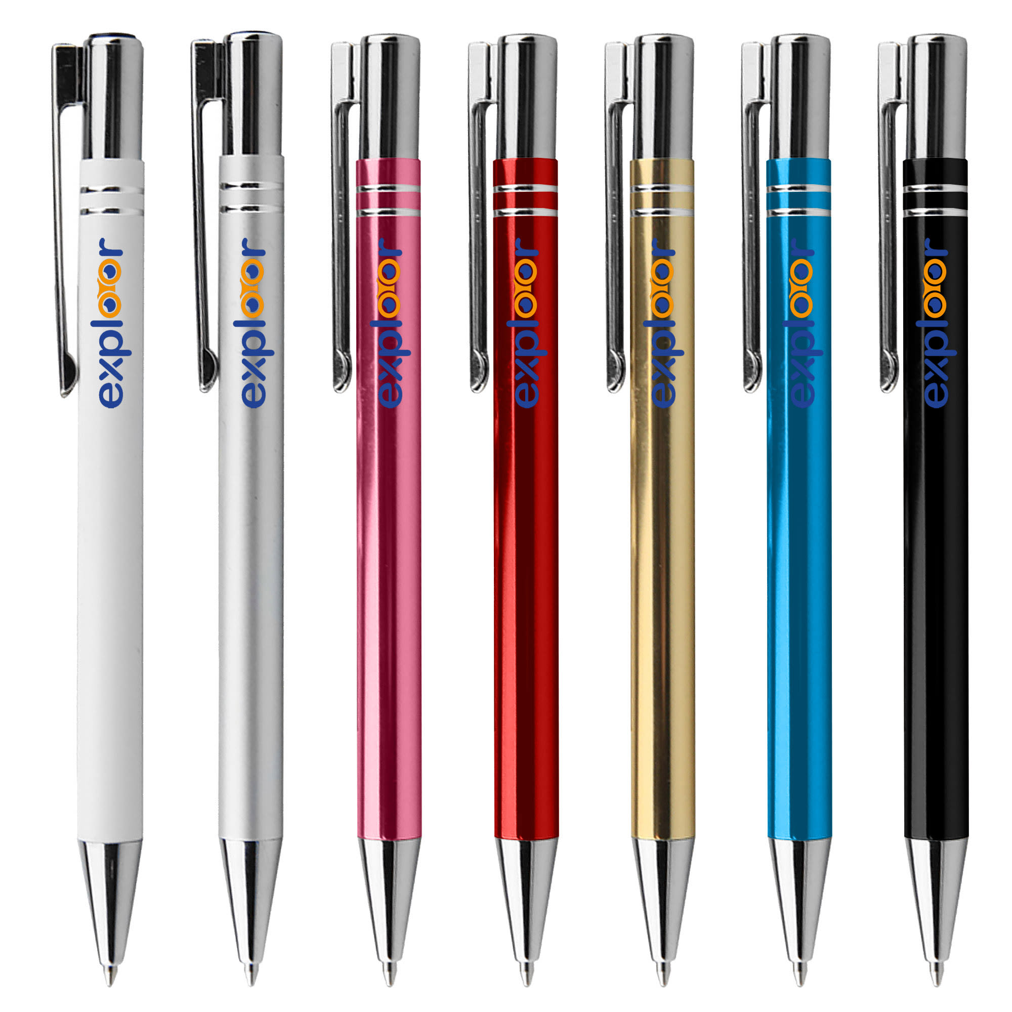 A collection of metal pens in white, pink, red, gold, blue, and black, featuring a branding logo. Simpbeauty - Image 1