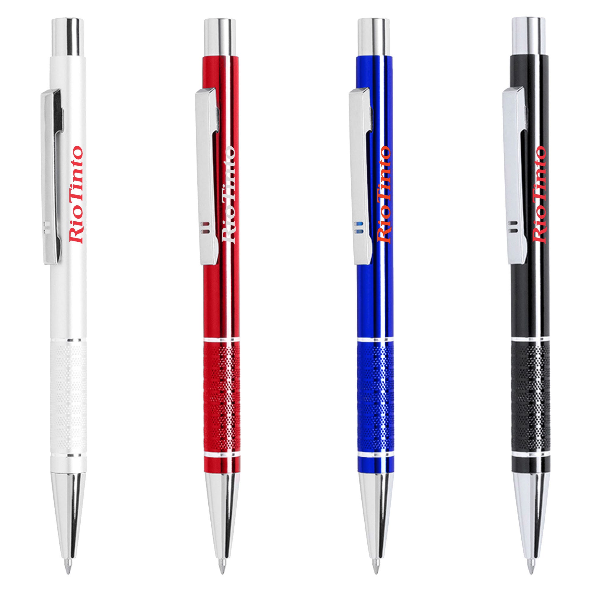 Four metal pens in white, red, blue, and black, each featuring a logo. Zona - Image 1