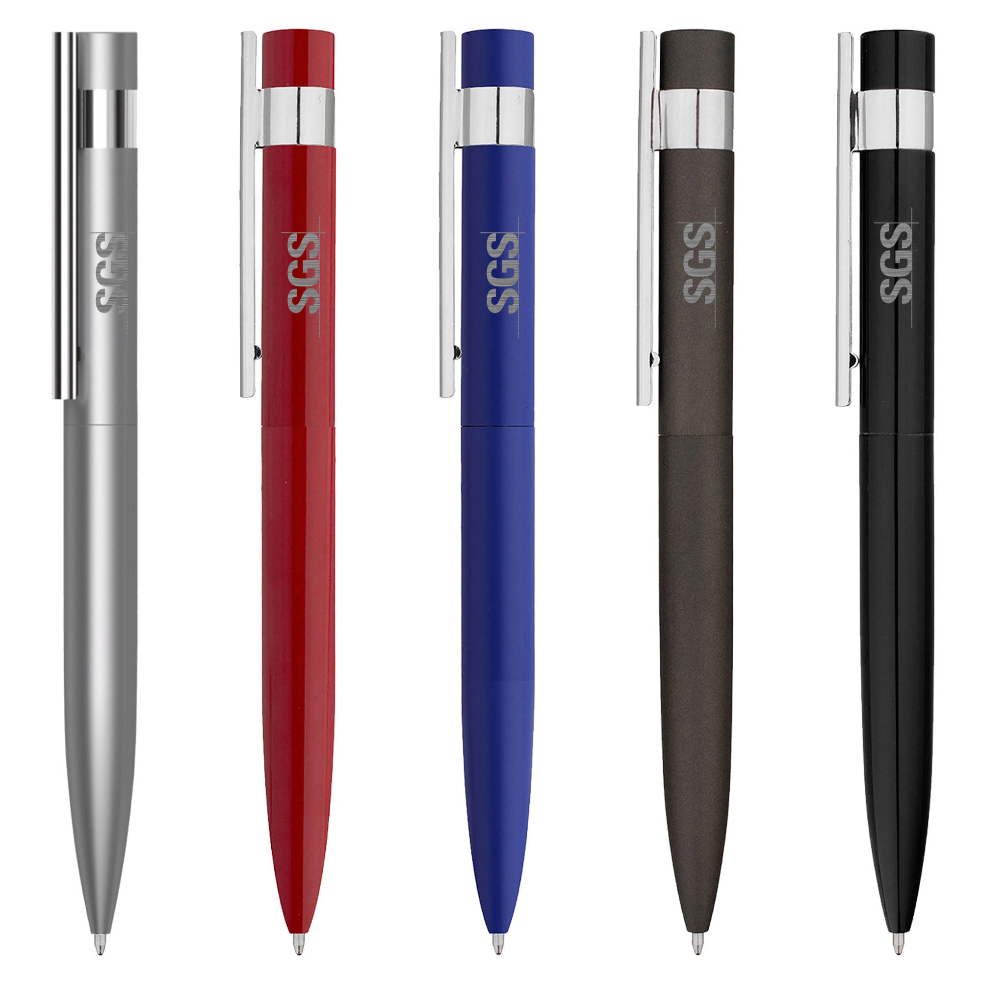 A set of five metal pens in silver, red, blue, dark grey, and black, featuring a logo on each pen. Pinicle - Image 1