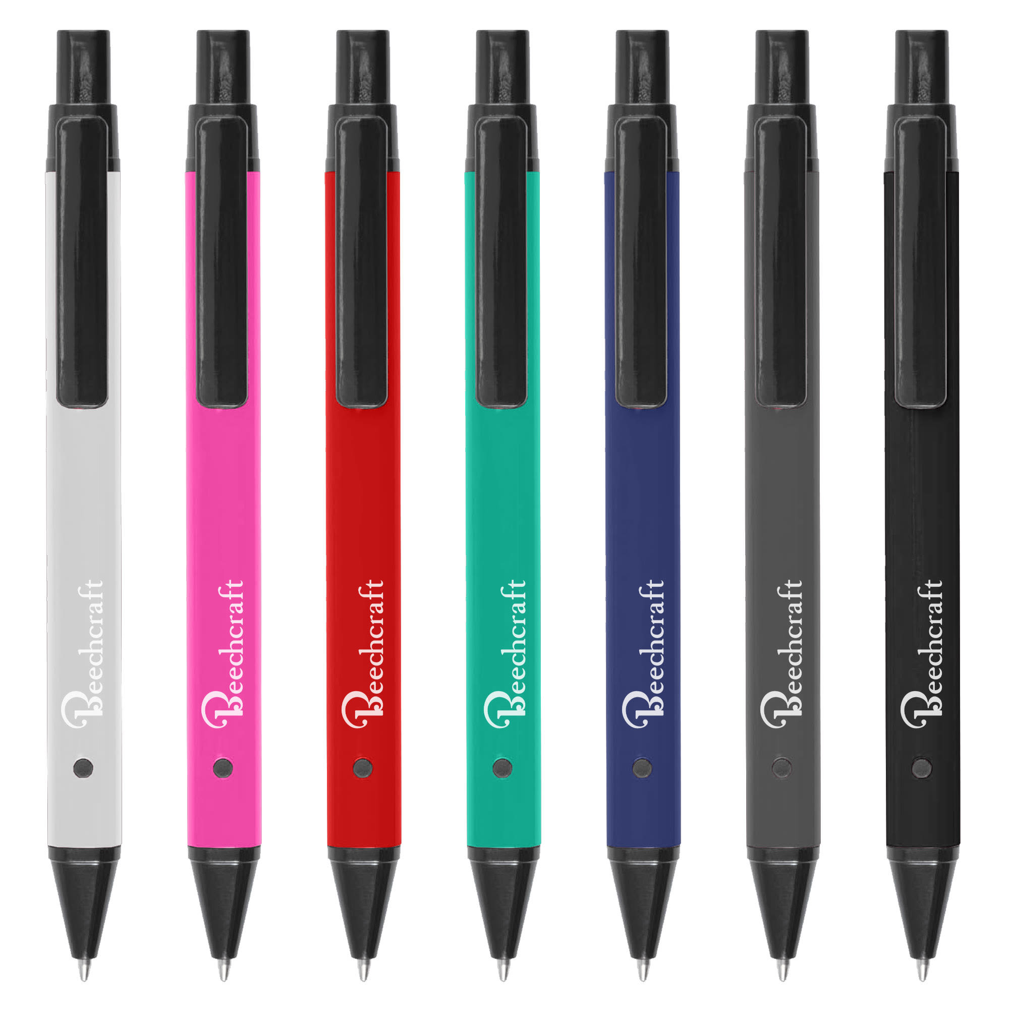 A set of metal pens in white, pink, red, blue, black, and dark grey, featuring branding on each pen. Yale - Image 1