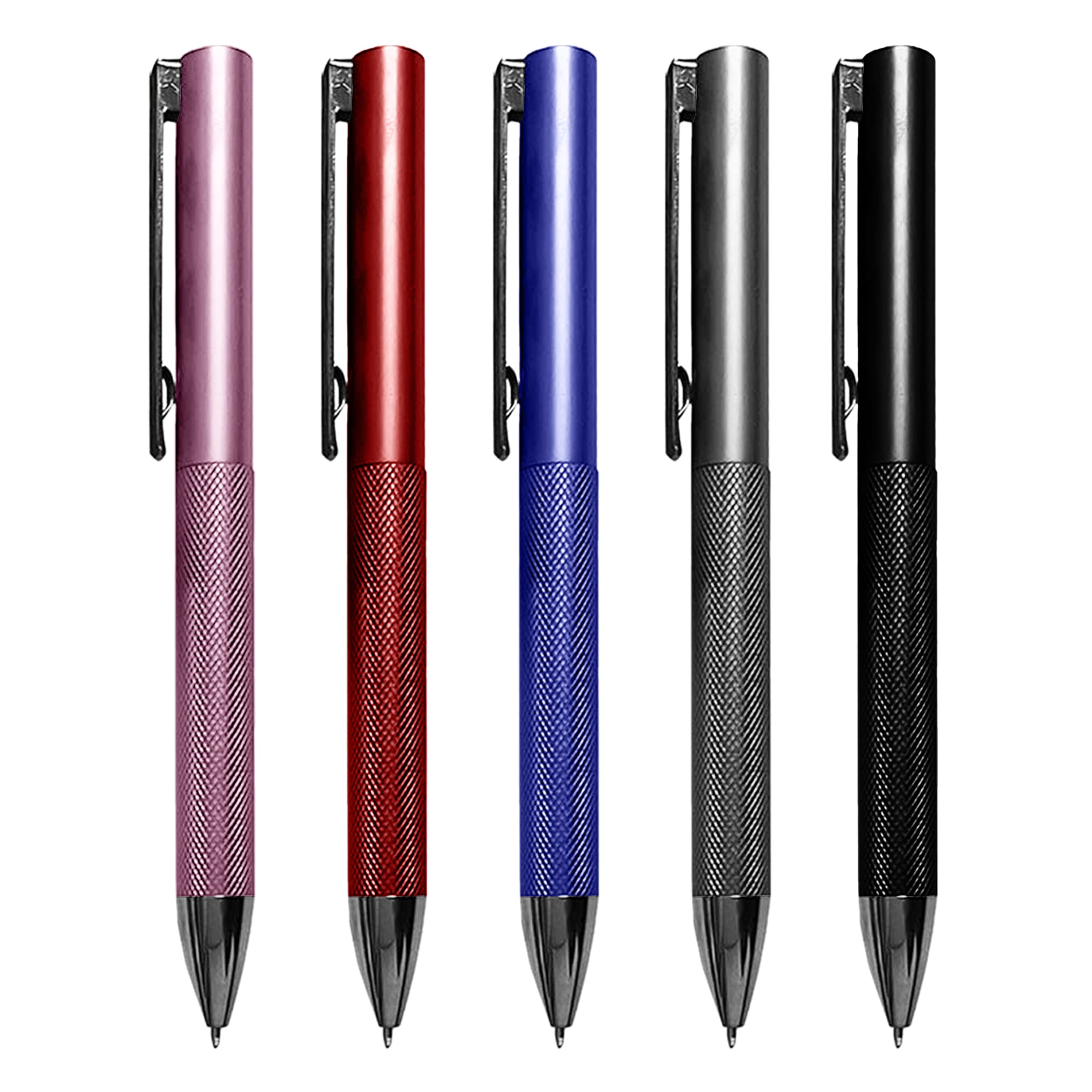 A collection of five metal pens in pink, red, blue, silver, and black, each featuring a textured grip and a logo. Martino Metal Pen - Image 1
