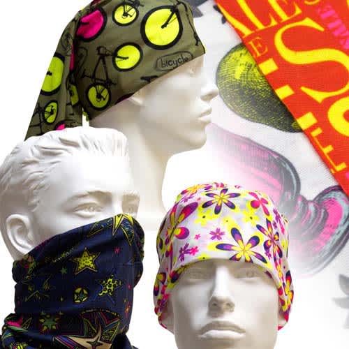 Multi-functional headwear in vibrant patterns; includes designs featuring bicycles, stars, and colourful graphics. Some items show a branding logo. Recycled PET Multi Functional Headwear - Image 1