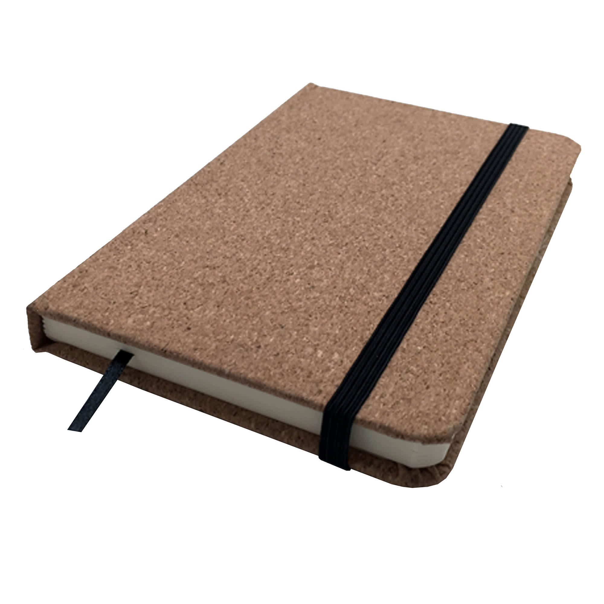 A6 cork soft wood notebook with a natural cork cover and an elastic band closure, featuring a black spine. A6 Cork Soft Wood Notebook - Image 1