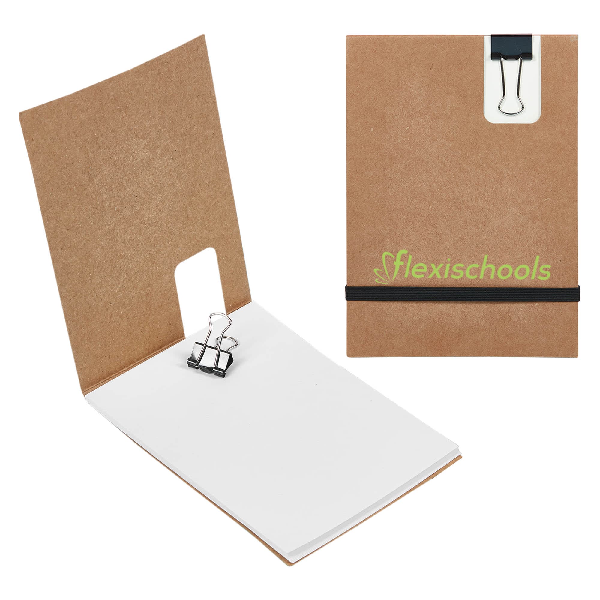 A brown Flexi Notebook with a black binder clip, featuring white pages inside and a logo on the cover. Flexi Notebook - Image 1
