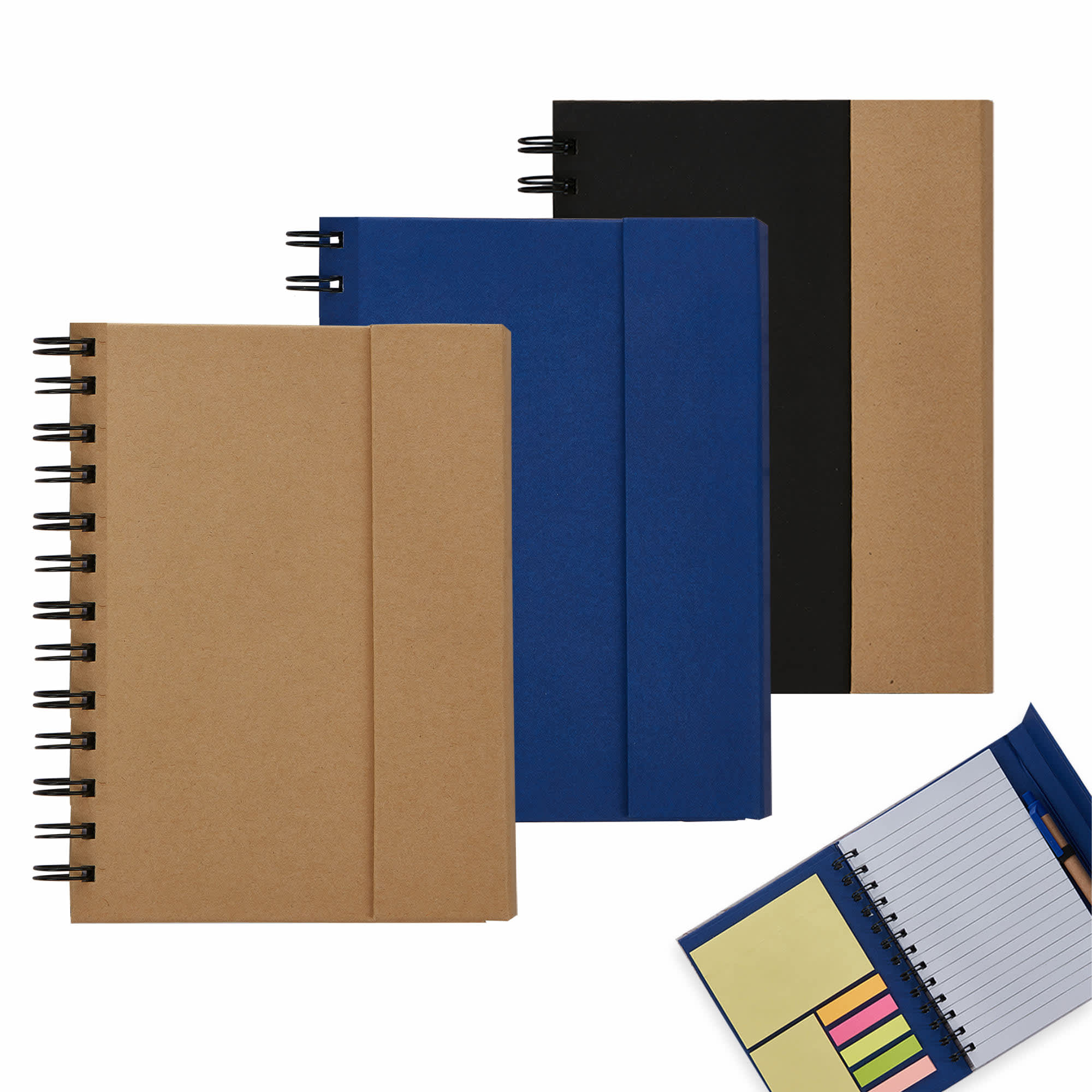 A set of three notebooks in brown, black, and blue, featuring spiral bindings and side pockets for sticky notes. Keebo Notebook - Image 1