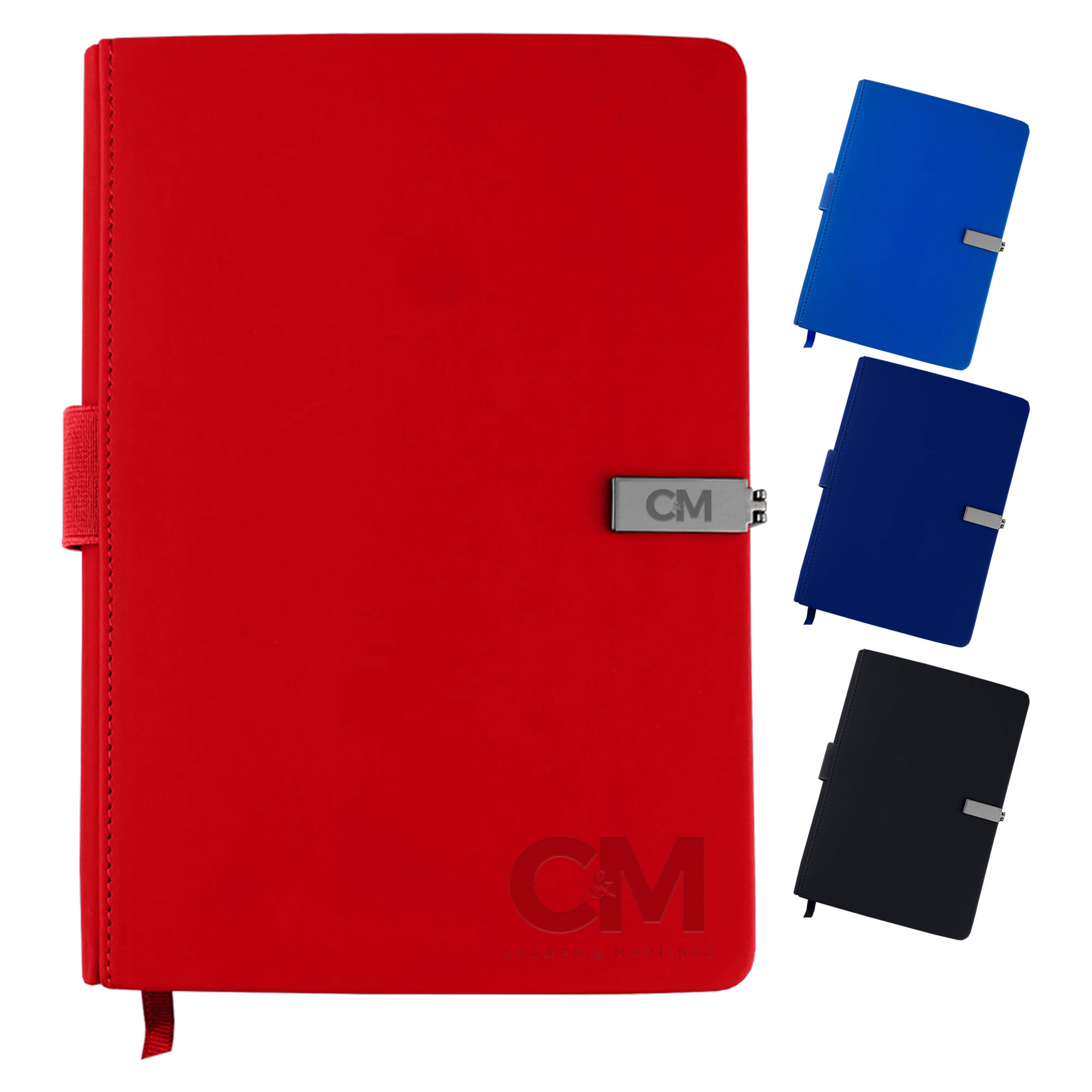 A red notebook with a clasp closure and a logo on the front, displayed alongside blue and black versions. Derly Premium Notebook - Image 1