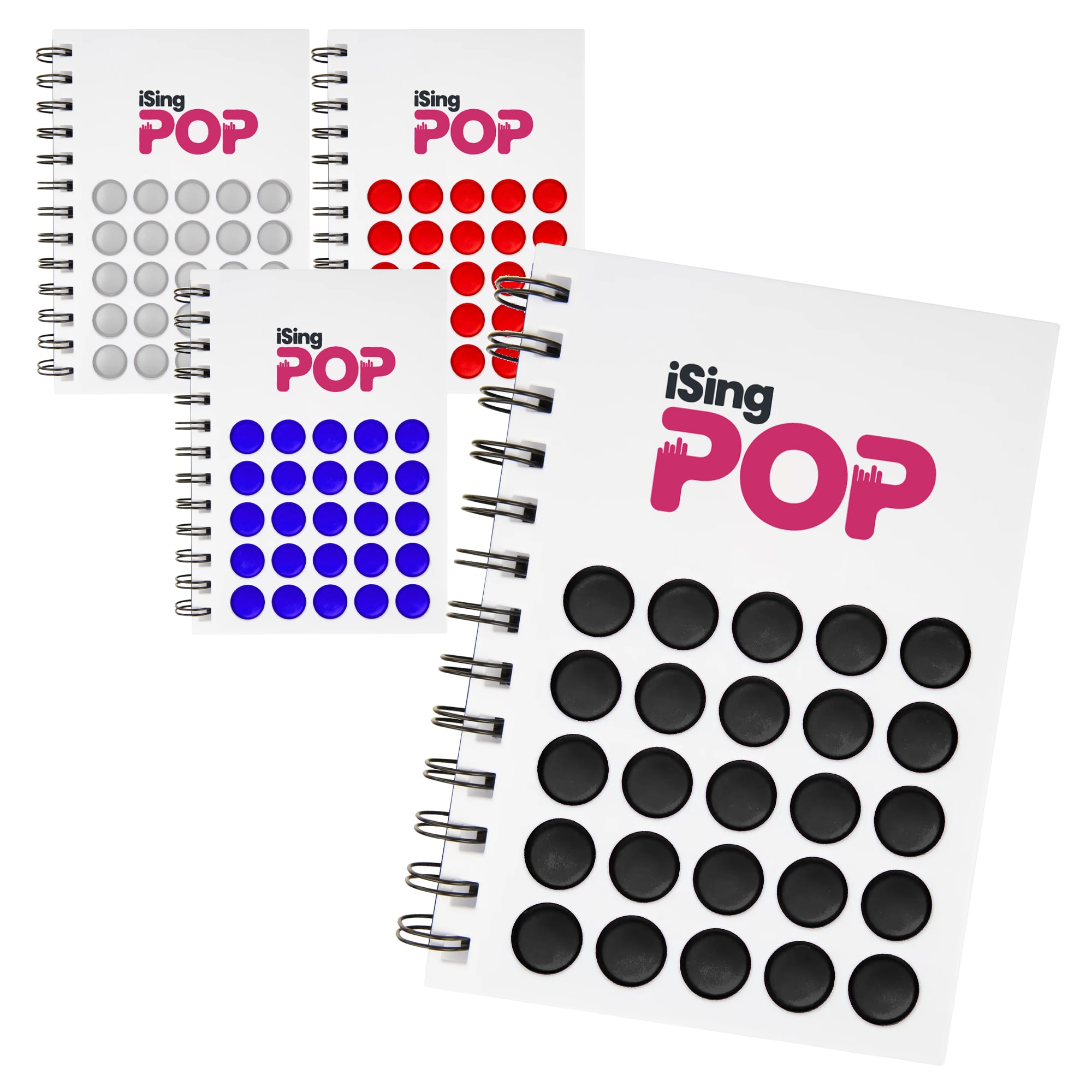 Four Diano Bubble Notebooks featuring coloured bubble designs in red, blue, black, and white with a logo. Diano Bubble Notebook - Image 1