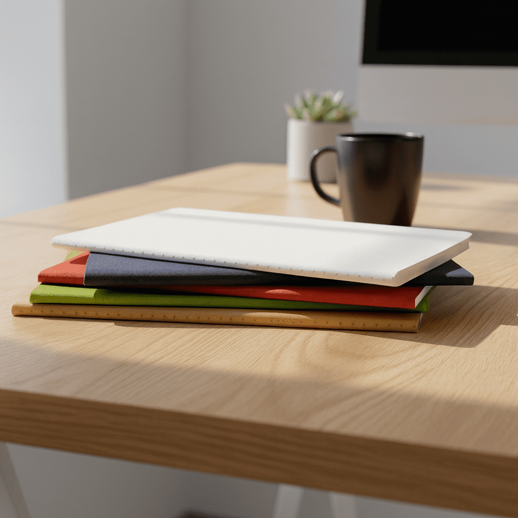 A stack of five colourful notebooks in white, green, red, black, and brown sits on a wooden desk next to a coffee mug. Washable Paper Notebook - Image 1
