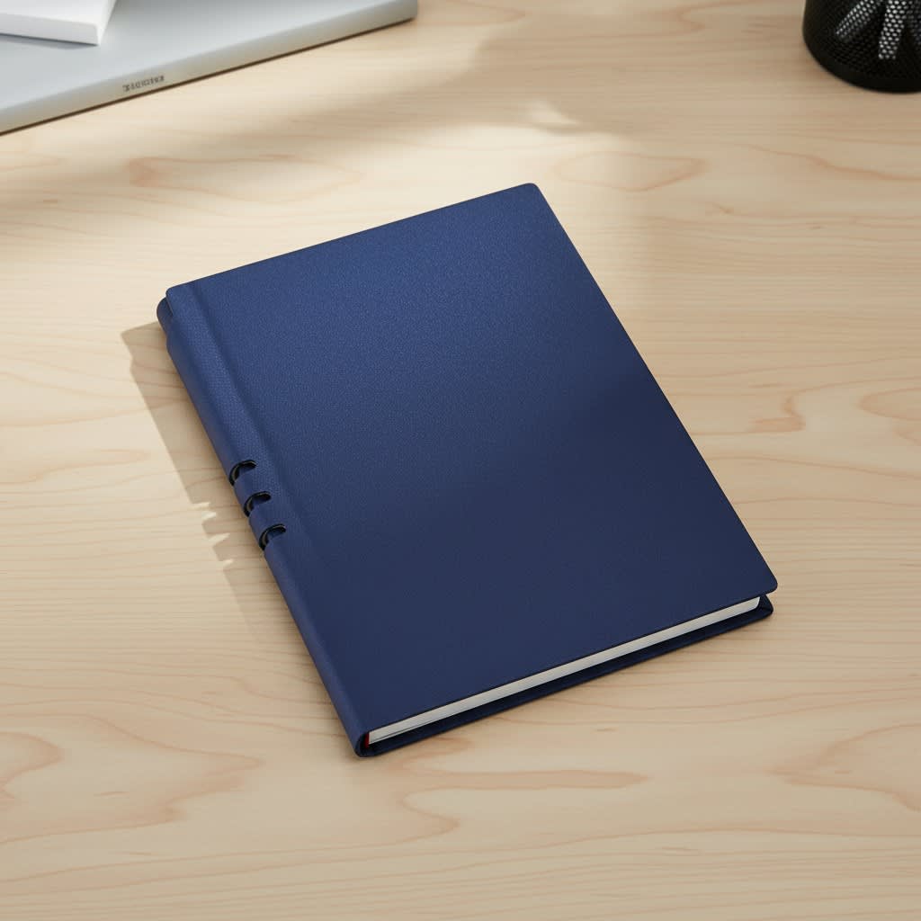 A navy blue hardcover notebook with a textured cover, resting on a wooden desk. It features a logo on the front. Malaga Notebook - Image 1