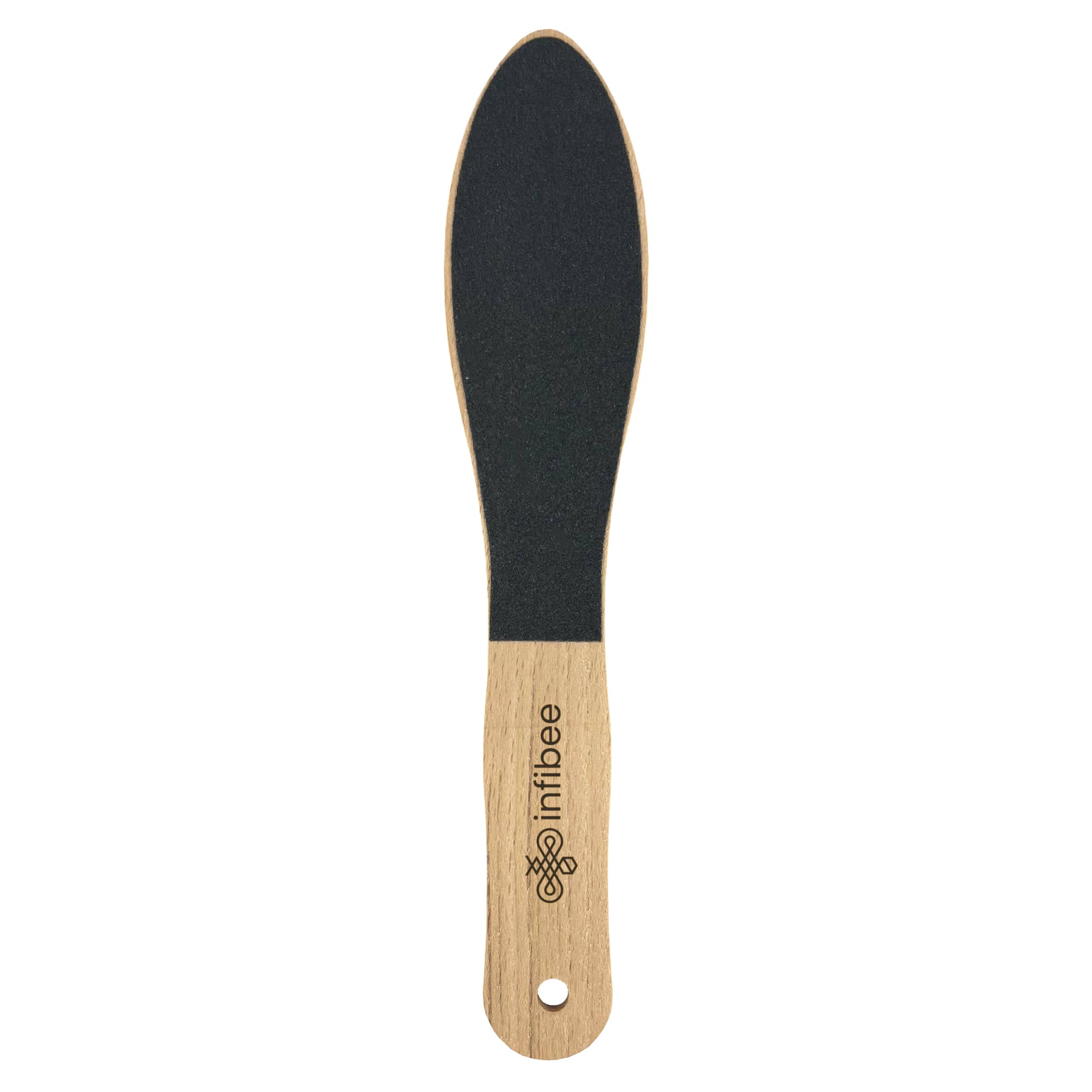 A wood foot file with a black sanding surface and a beige wooden handle, featuring a branding logo. Wood Foot File - Image 1