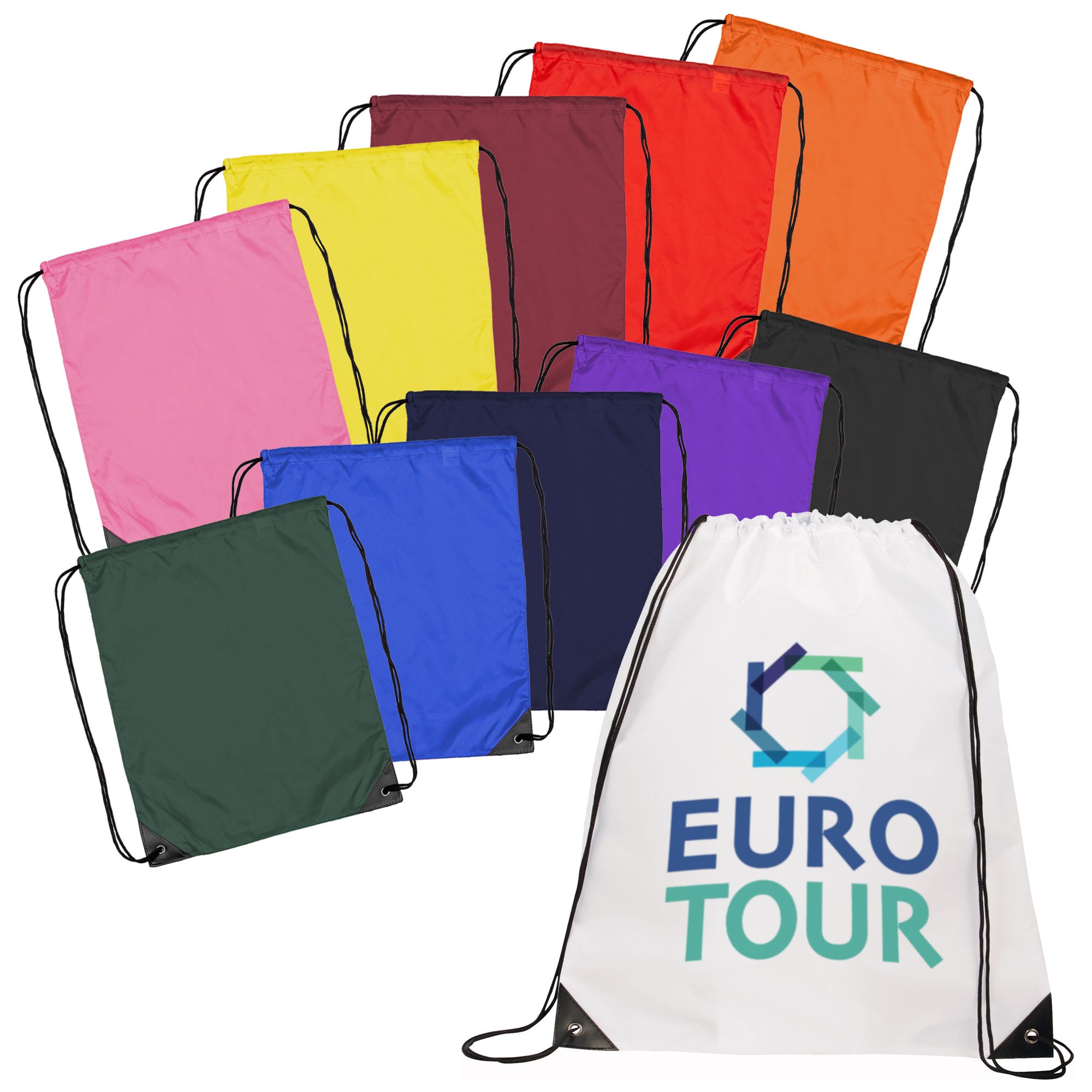 A collection of nylon drawstring bags in various colours, including pink, yellow, green, blue, and black, featuring a logo. Nylon Backsack - Image 1