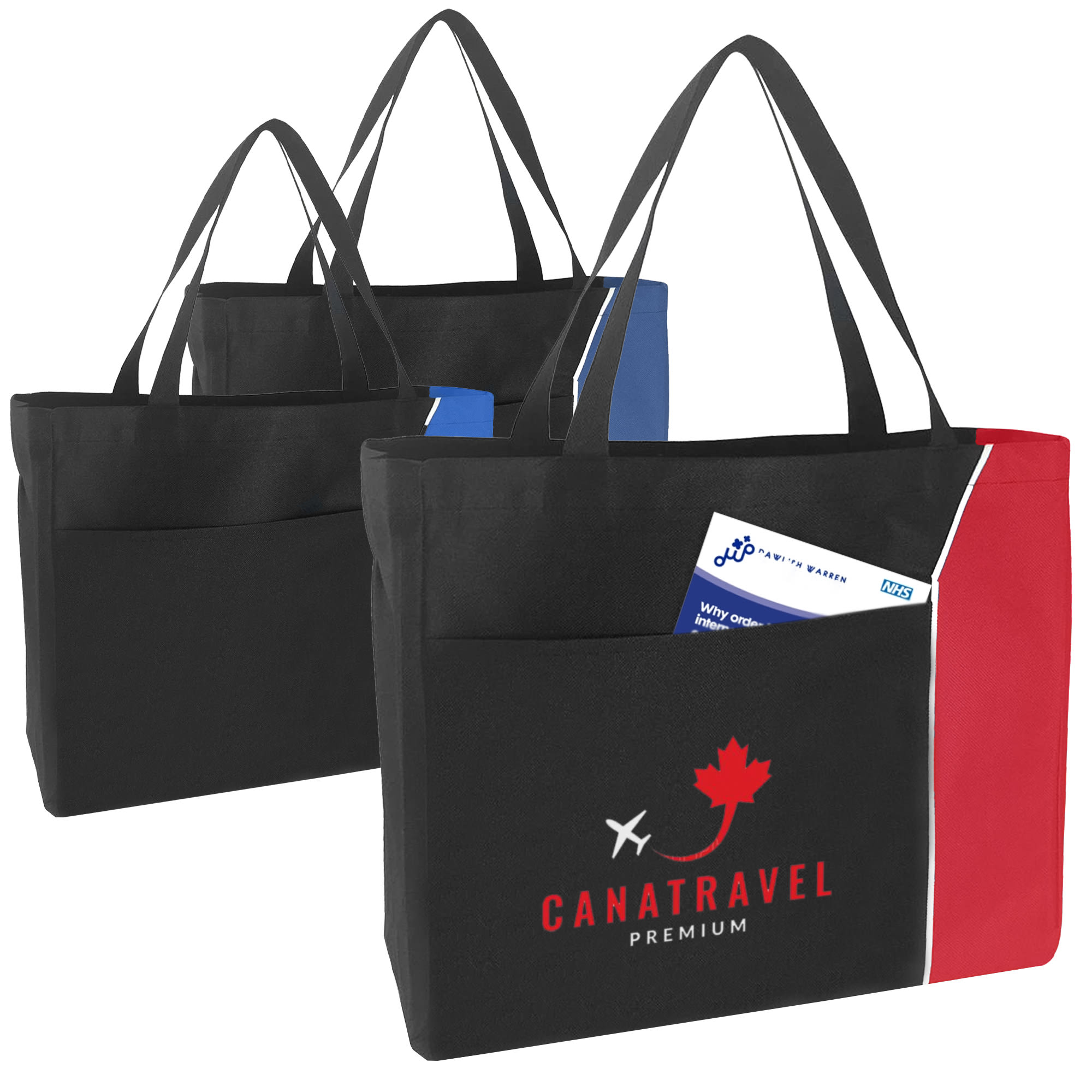 A set of three nylon tote bags in black, blue, and red, each featuring a logo and a front pocket. Nylon Shopper - Image 1