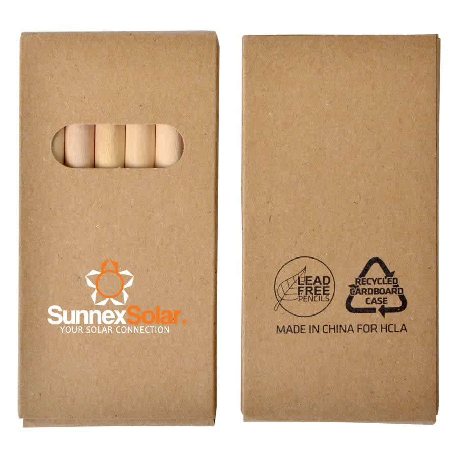 A pack of coloured pencils in a recycled cardboard case featuring a logo. The pencils inside are natural wood colour. Colour Pencil Pack - Image 1