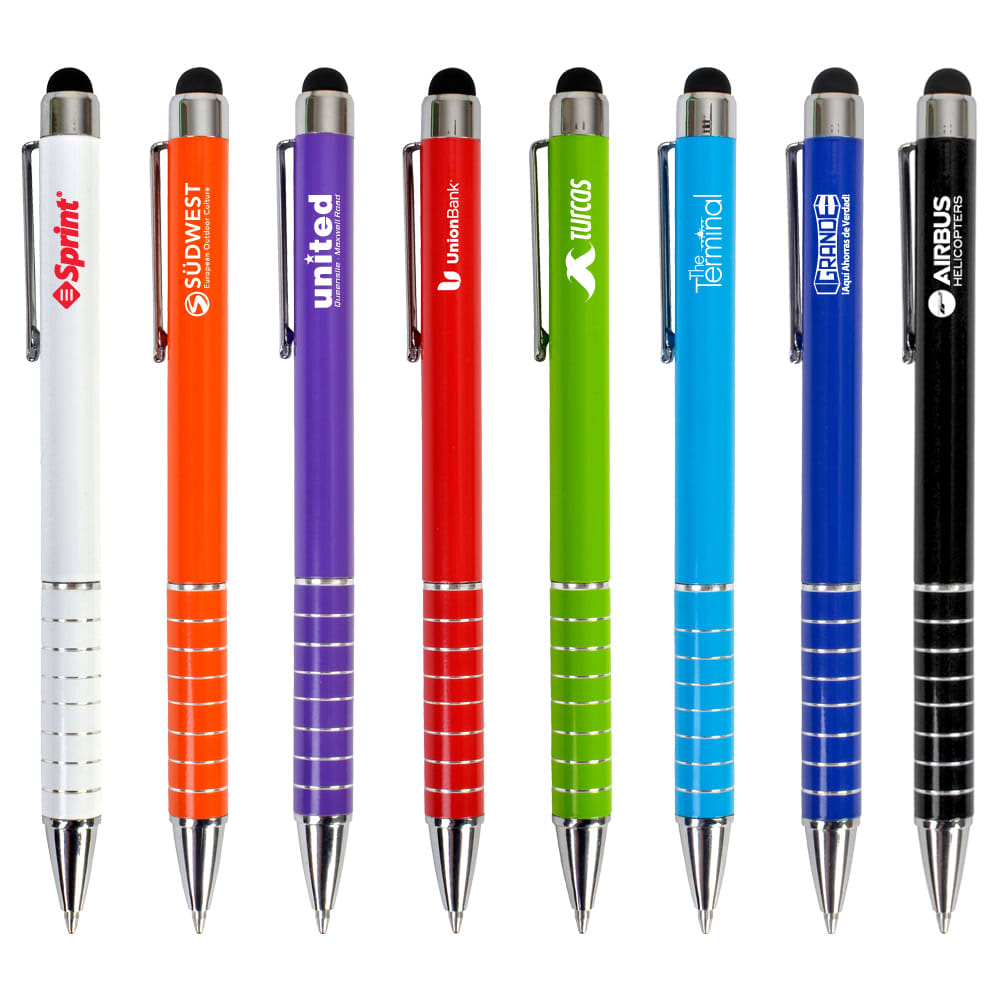 A collection of eight stylus pens in various colours, featuring different logos and chrome accents. Malibu Stylus Pen - Image 1