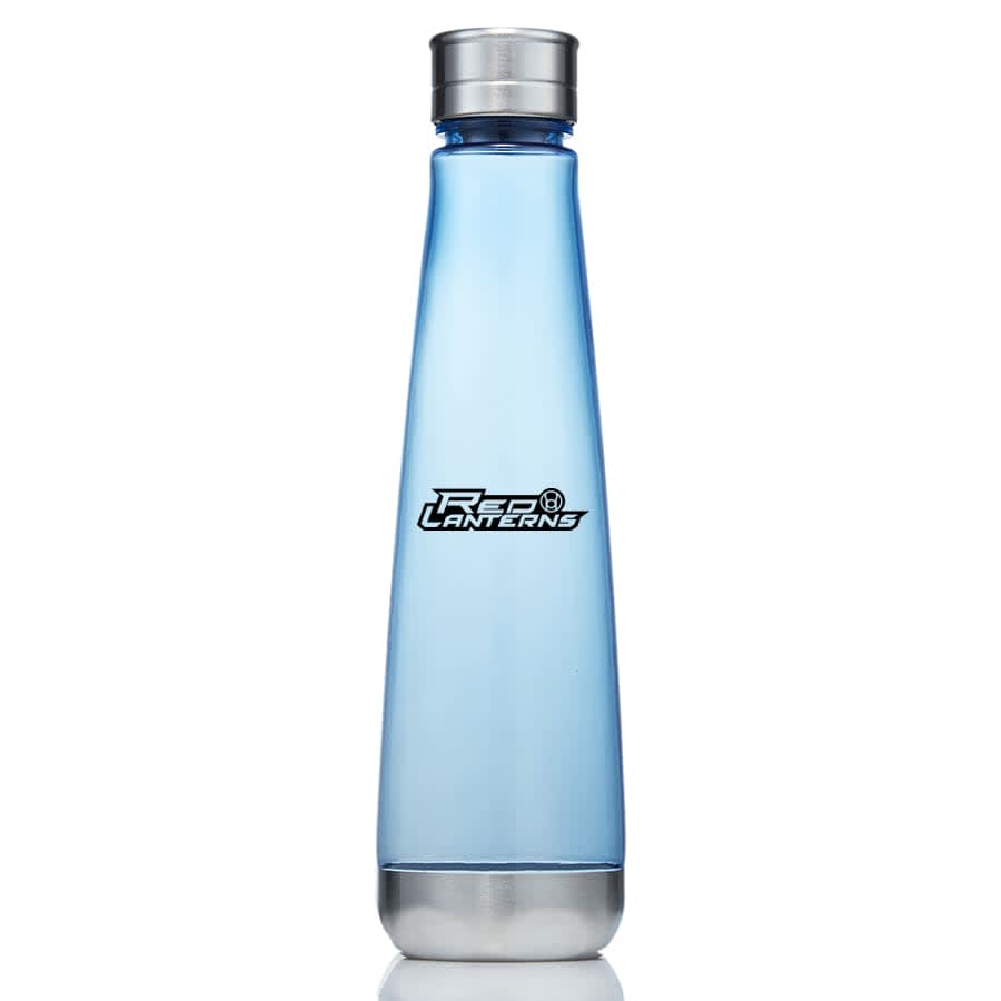 A drink bottle made of clear Tritan material, featuring a sleek blue design and a metallic silver lid. Vyclone 600ml Tritan Water Bottle - Image 1