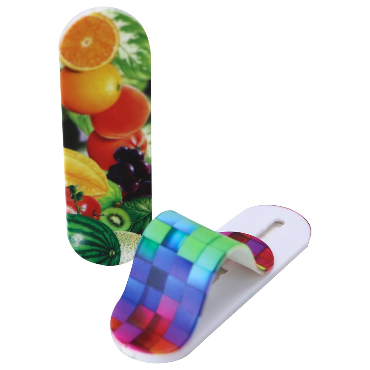 A vibrant, multicoloured smartphone strap features a fruit design on one side and a checkerboard pattern on the other. Smartphone Straps - Image 1