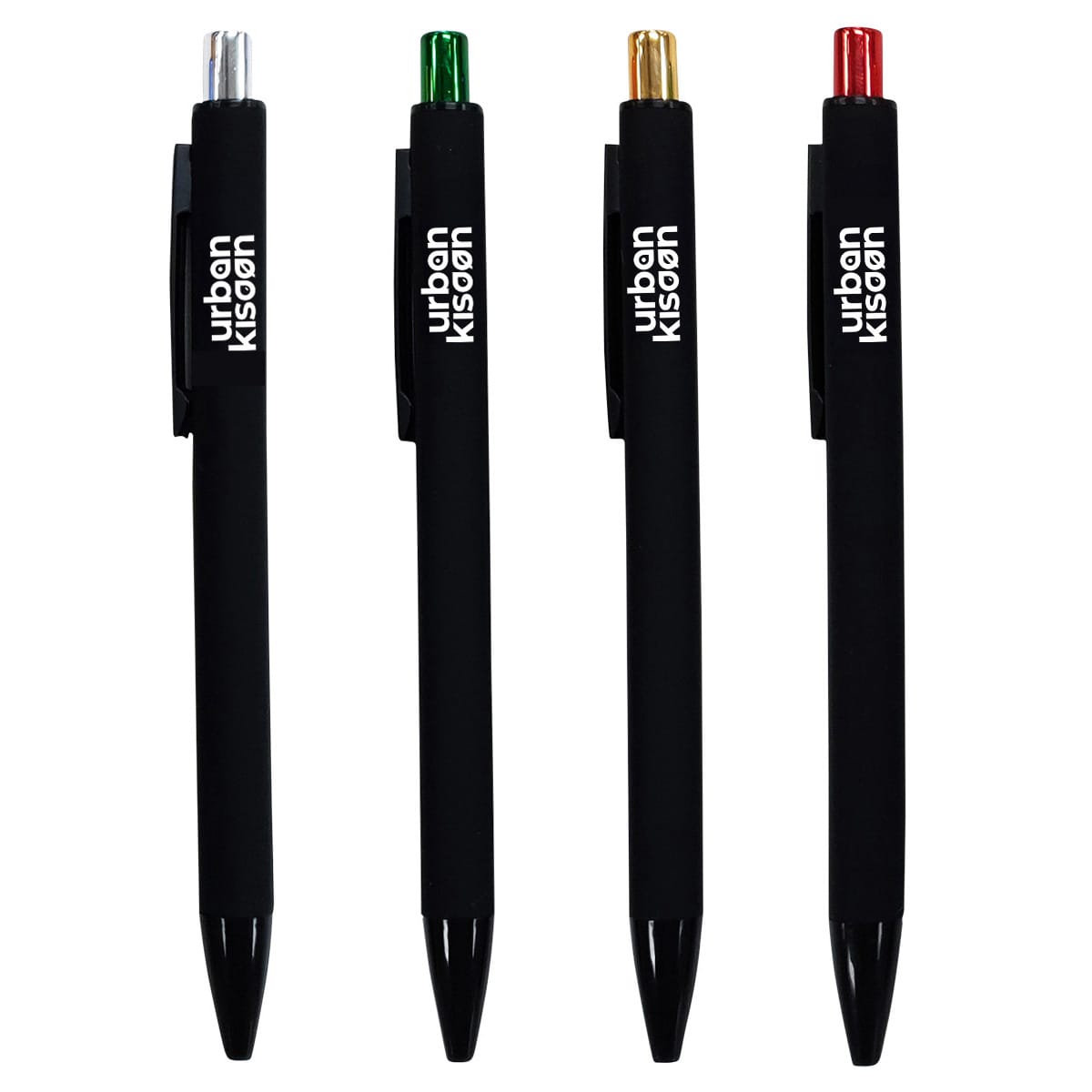 A collection of four black plastic pens with silver, green, gold, and red tips, featuring a logo. Xola Pens - Image 1