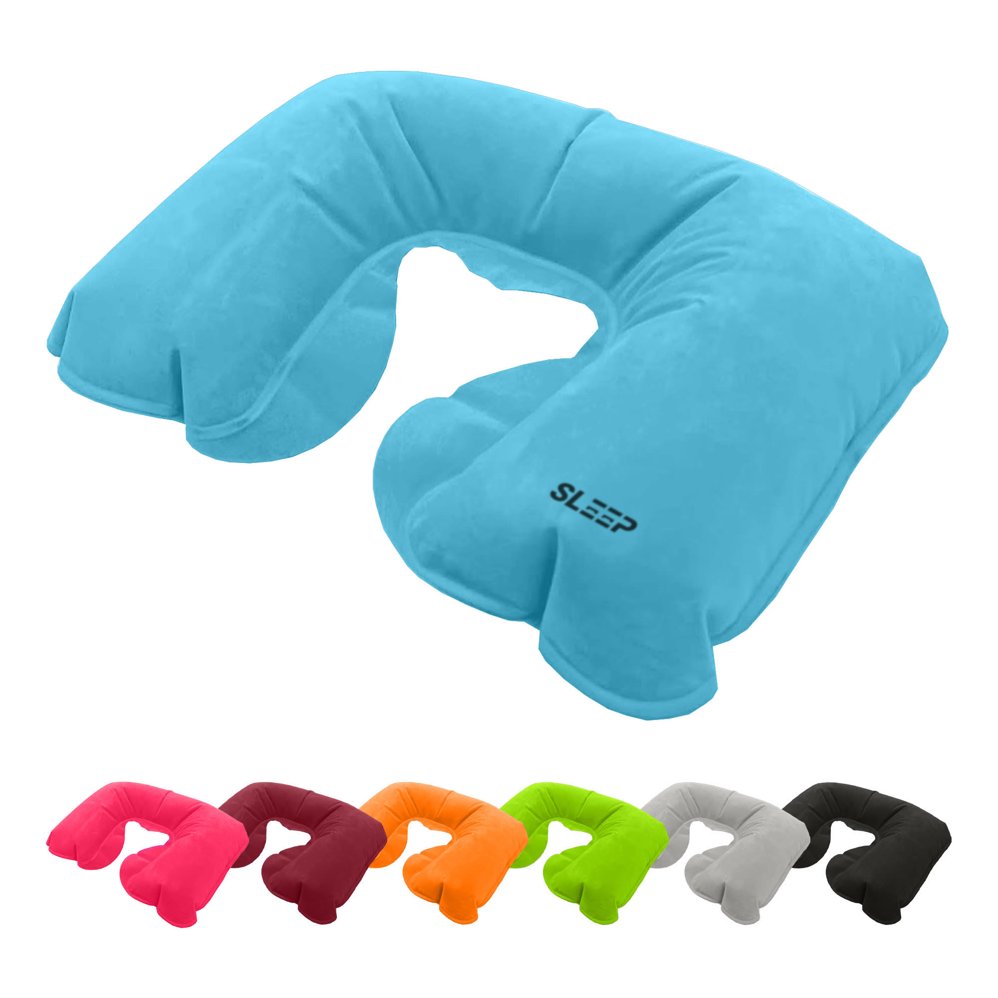 A turquoise travel neck pillow shaped for comfort, featuring a logo and available in multiple colours. Doux Travel Neck Pillow - Image 1