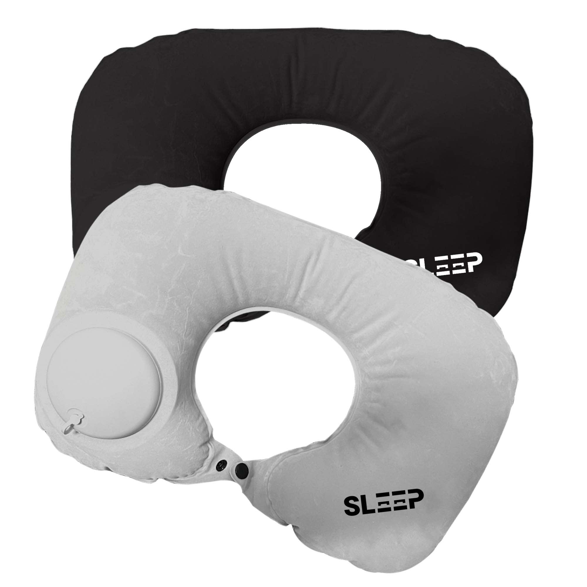 A black and a grey Jodie inflatable neck pillow with a circular valve and a logo on each pillow. Jodie Inflatable Neck Pillow - Image 1
