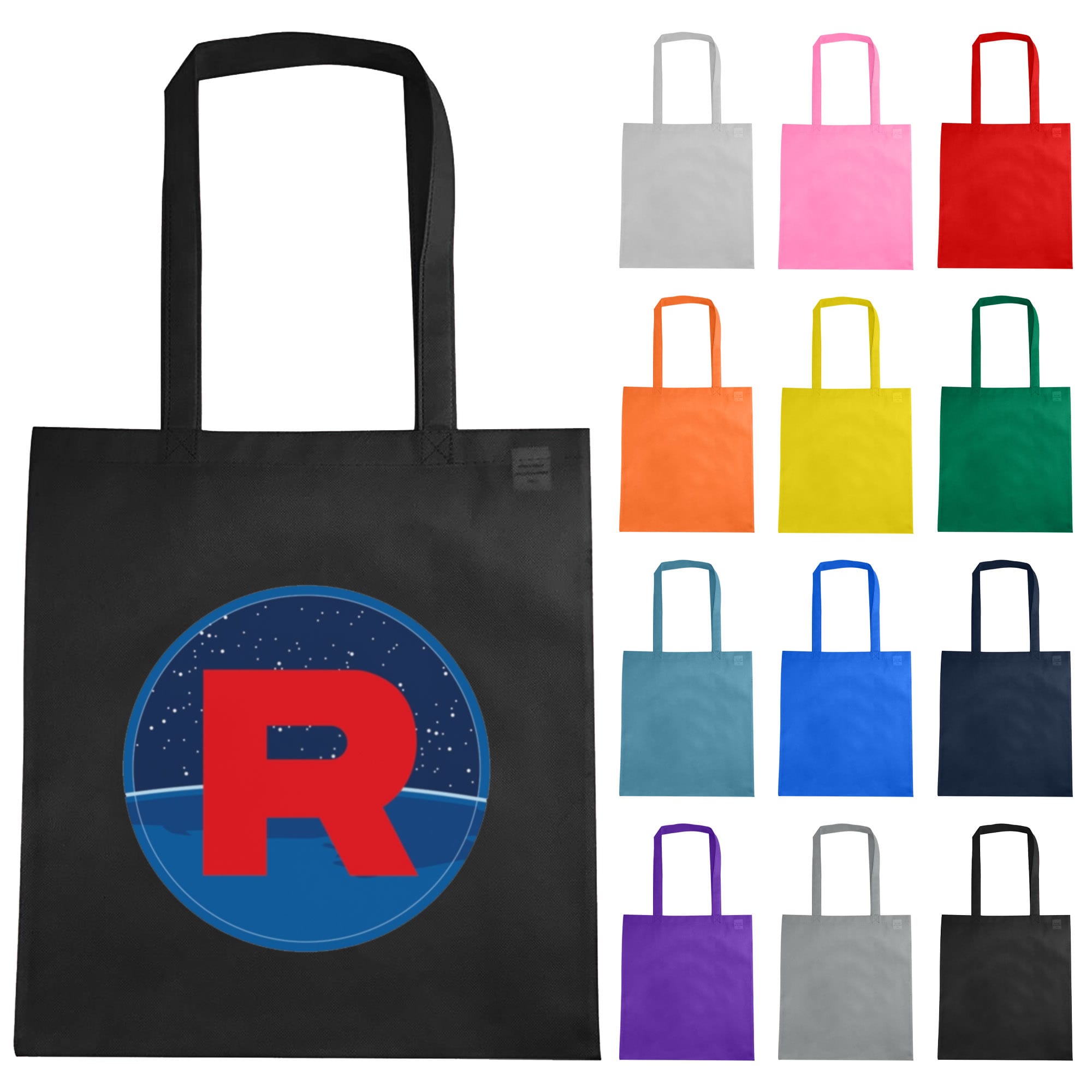 A black non-woven reusable grocery bag with a circular logo featuring a red "R," surrounded by various coloured bags. Non Woven Bag without Gusset - Image 1