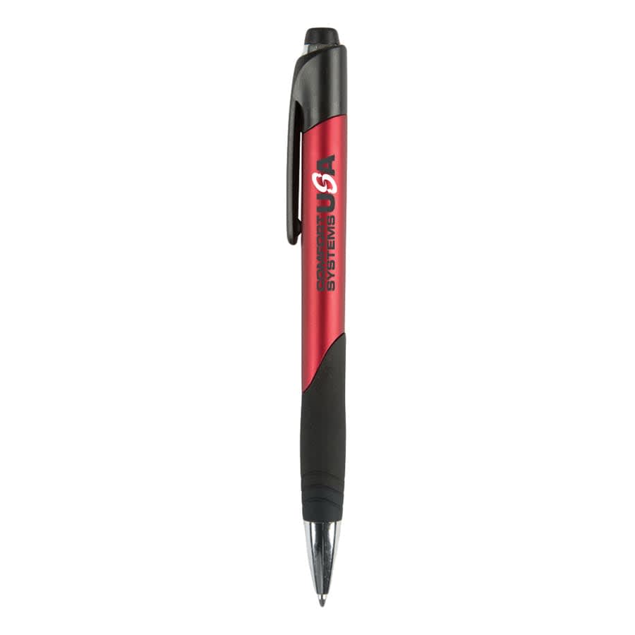 A red and black plastic pen with a grip section and a logo on the barrel. Tongan Pen - Image 1