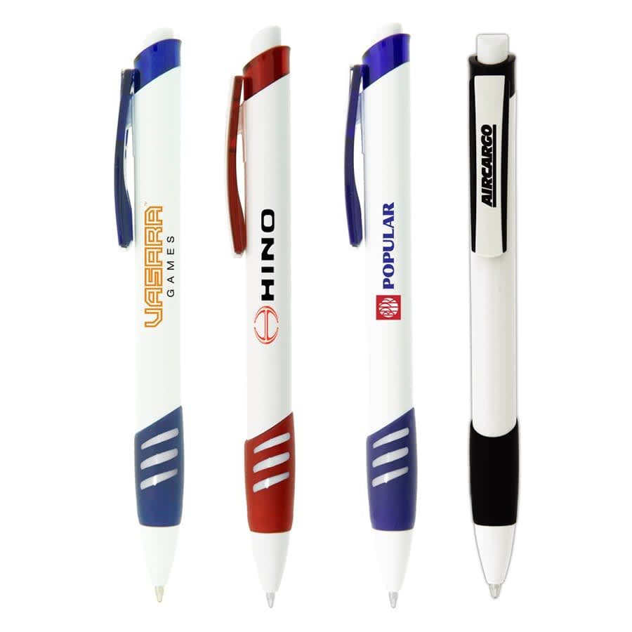 Four plastic pens featuring blue, red, and black accents, with a variety of logos and branding on the bodies. Sri Lanka Pen - Image 1