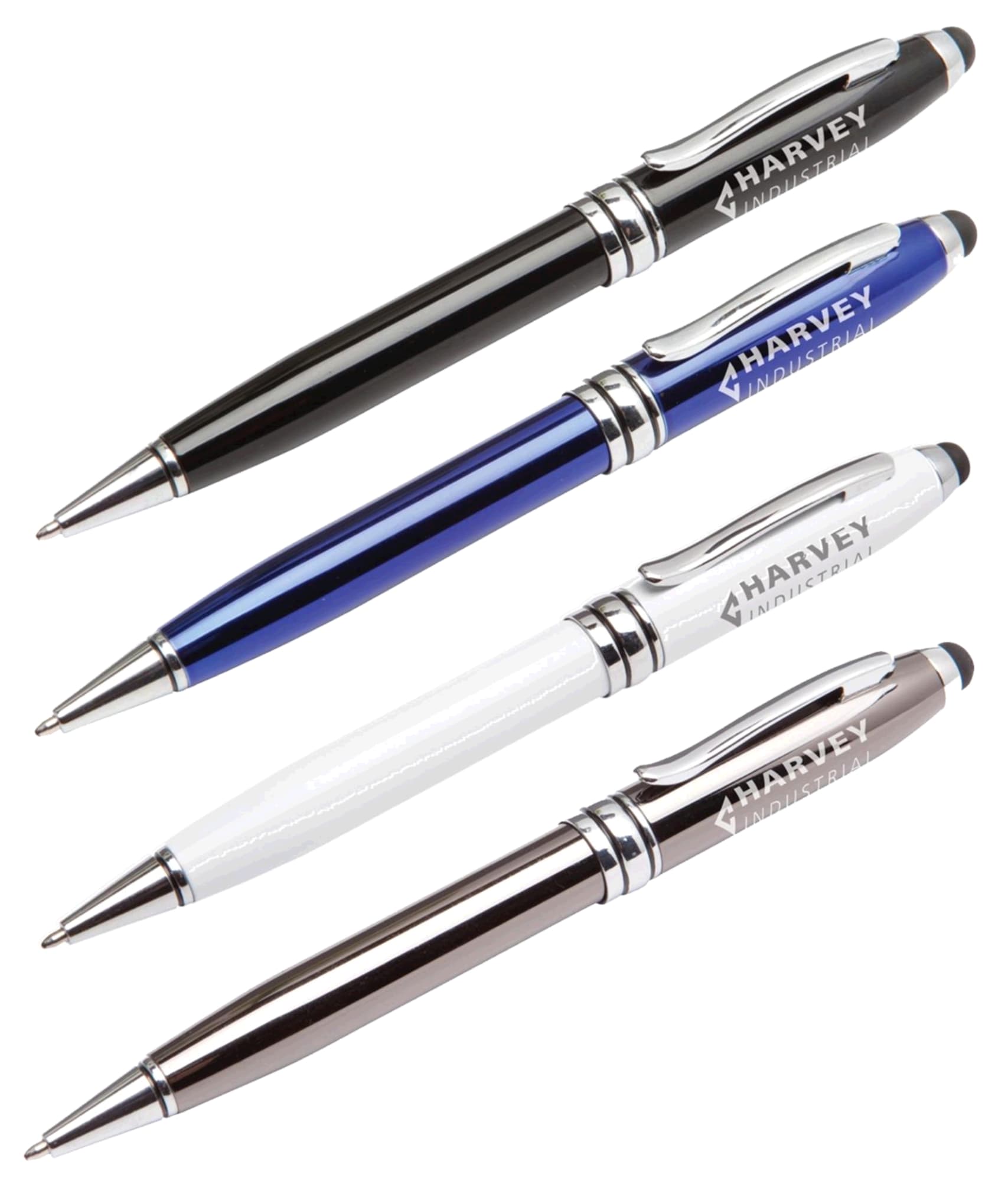 An assortment of four stylus pens in black, blue, white, and silver, featuring a logo on each. Executive Stylus Pen - Image 1
