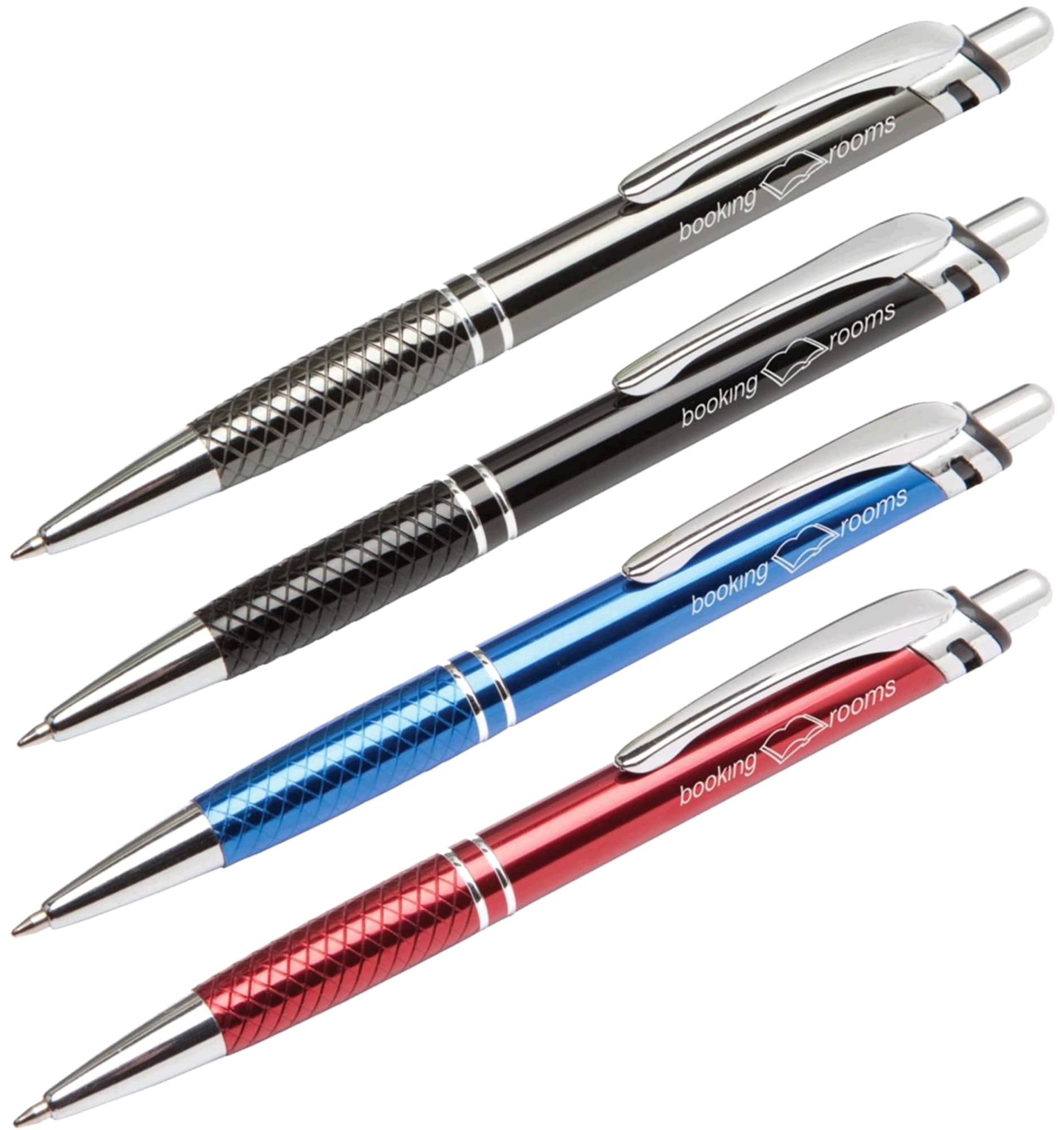 A set of four metal pens in black, blue, red, and silver, featuring textured grips and a logo. Alpha Pen - Image 1