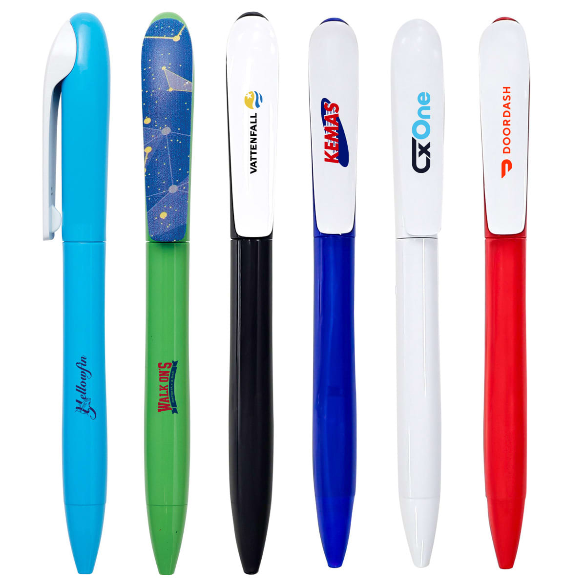 A collection of plastic pens in blue, green, black, red, white, and blue with various designs and logos. Brilliant Clip Pen - Image 1