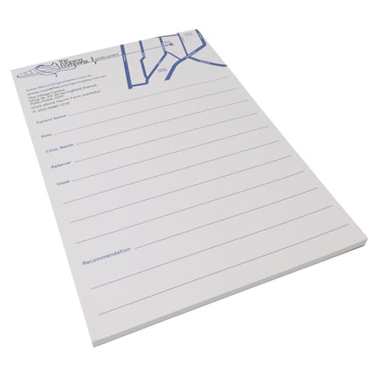 A5 writing pad featuring a white background with blue lines and a header section. It has a logo at the top. A5 Writing Pad 2c 50 Leaf - Image 1