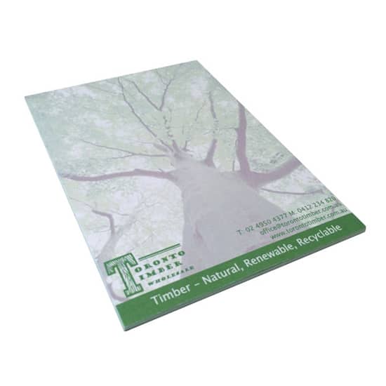A6 writing pad featuring a tree design, with a green base and a logo on the bottom corner. A6 Writing Pad 4c 10 Leaf - Image 1