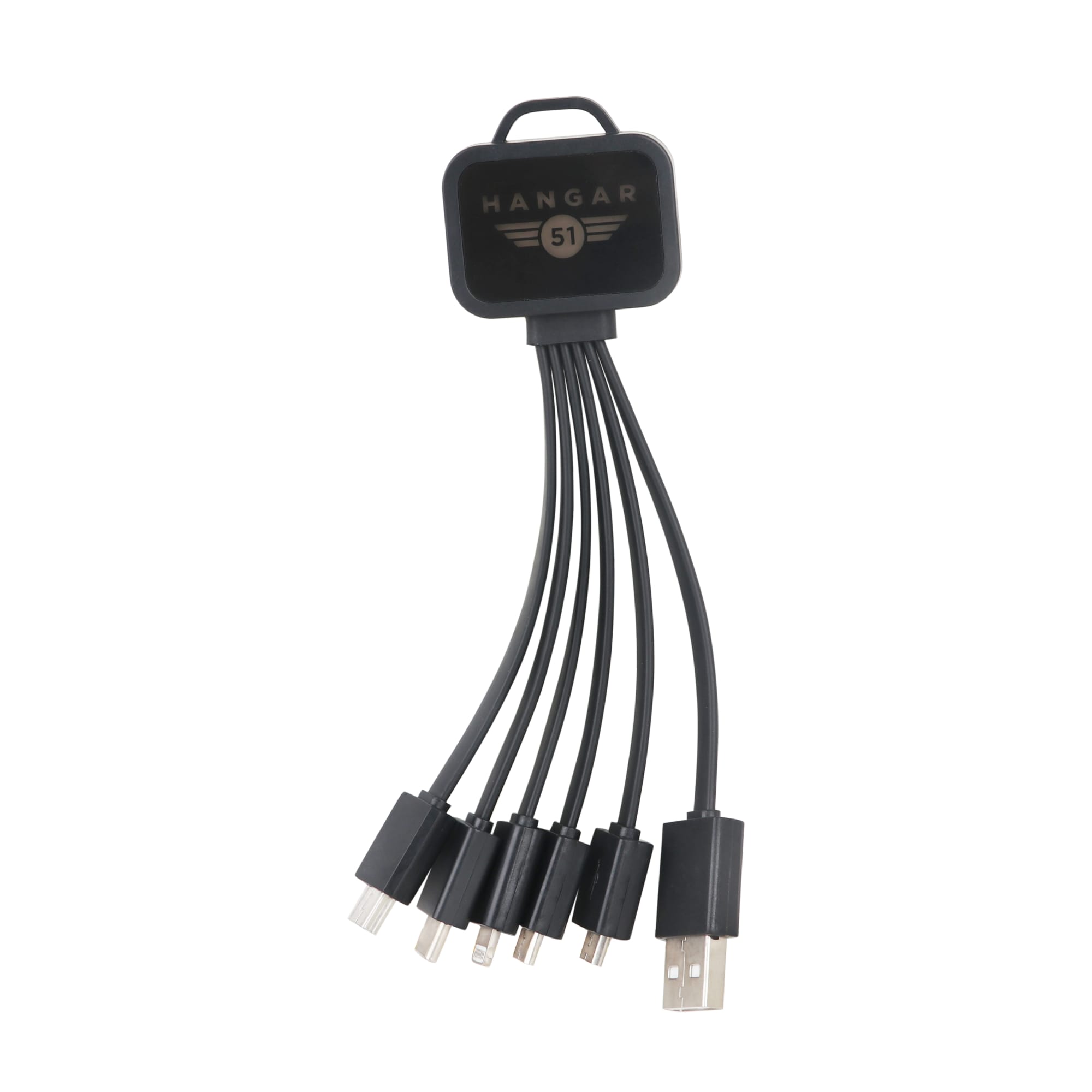A square-shaped light-up charging cable in black with multiple connectors and a logo. Square Shaped Light Up Charging Cable - Image 1