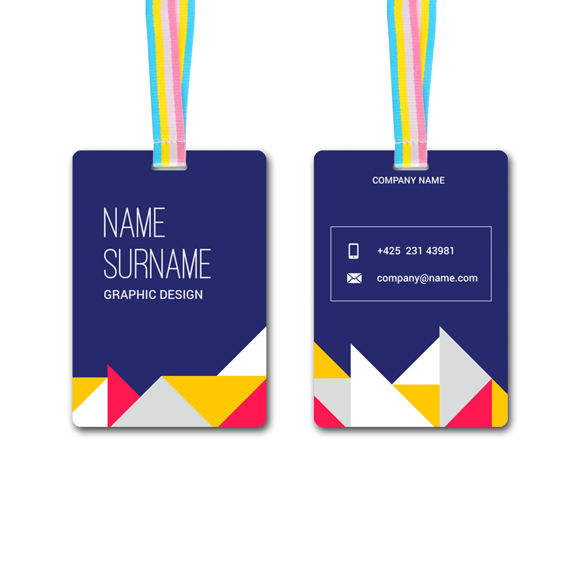 A medium printed name tag featuring a blue background with colourful geometric shapes and a ribbon for attachment. Medium Unique Printed Name Tag (80 x 120 mm) - Image 1