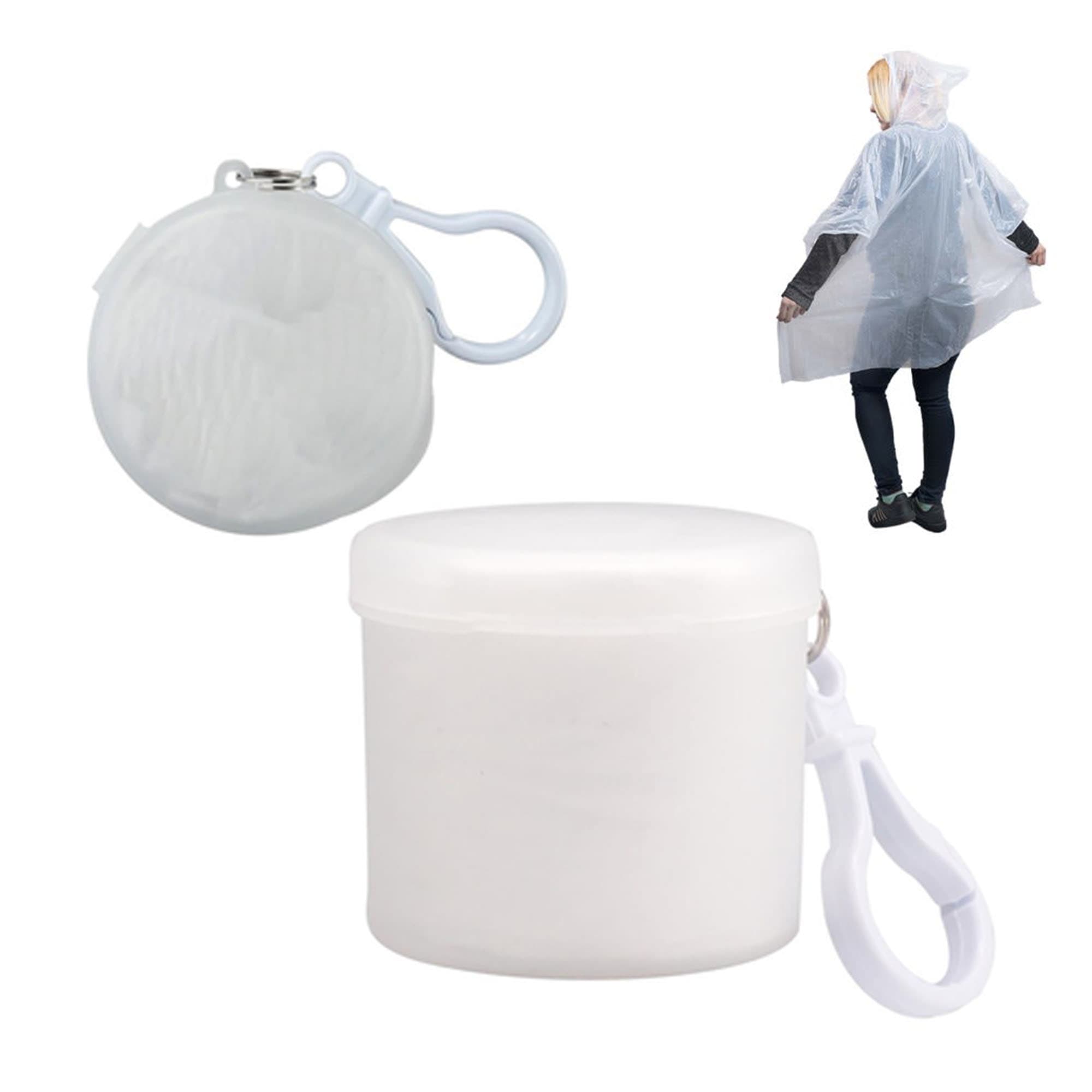A clear poncho packed in a round container with a clip for easy carrying. Ideal for outdoor activities. Cloud Poncho - Image 1
